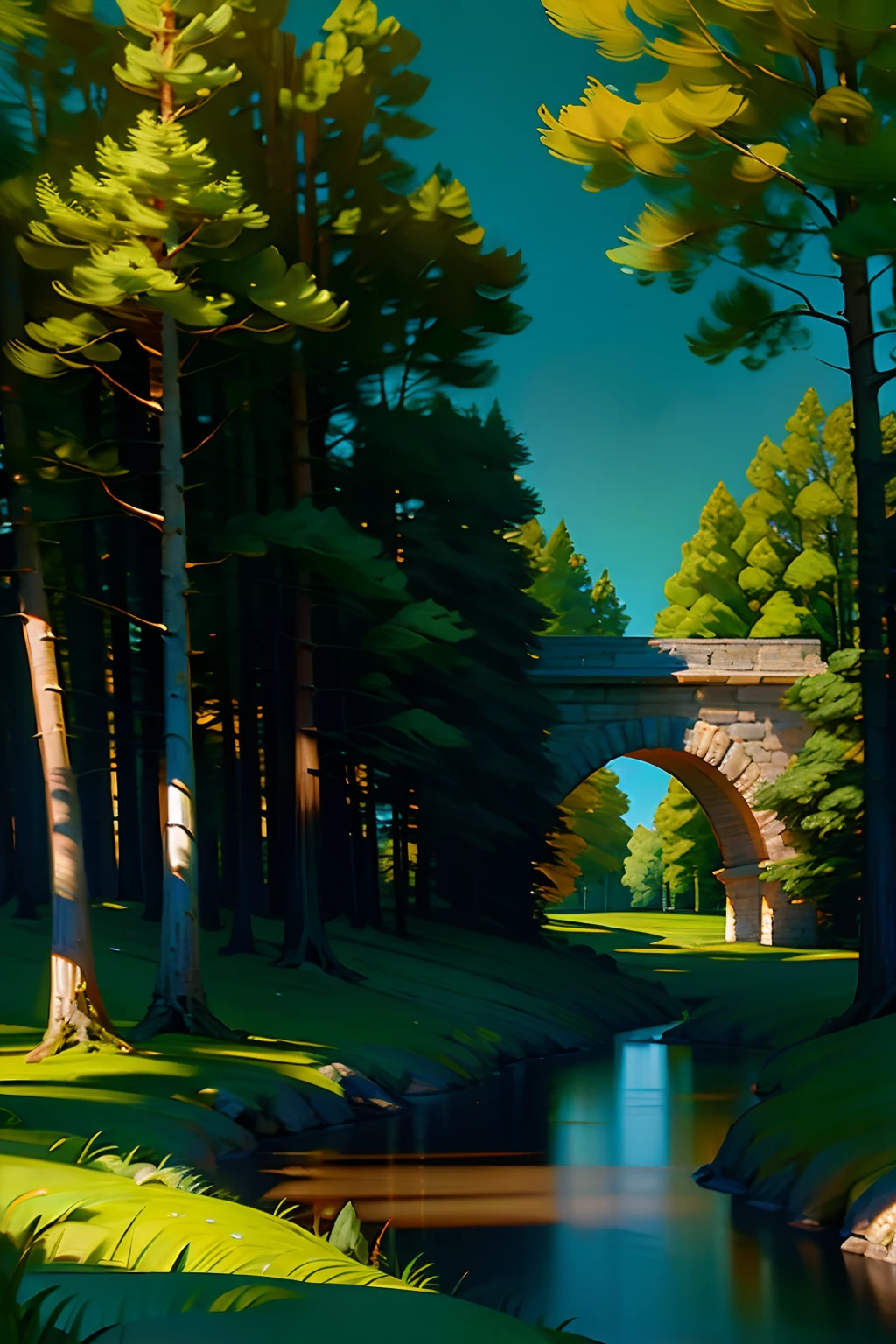 A painting of a summertime landscape, green trees, green grass, a winding river with a stone bridge, daytime light.