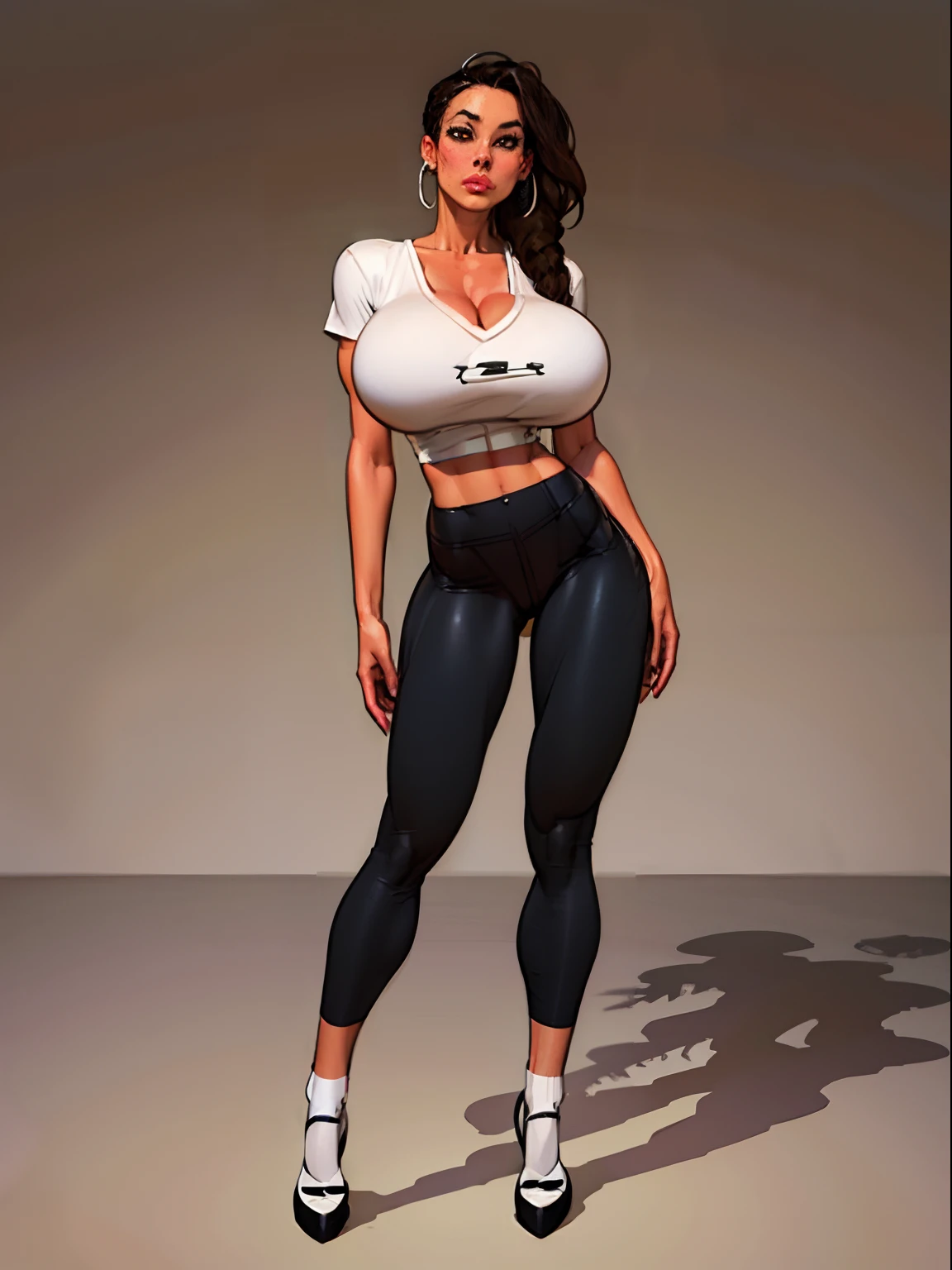 Lonely young Latina girl, Tall stature, large chest, closed mouth, a princess: brown eyes; large black hair; sharp facial features; dimple on the chin; asian; pronounced high cheekbones; high forehead, stands upright, (gigantic breasts:1.4), detailed face, school uniform: large hair ribbon; pants, Full-length painting, white crew socks, black heels, big eyes, Thepit style, detailed eyes, puffy lips