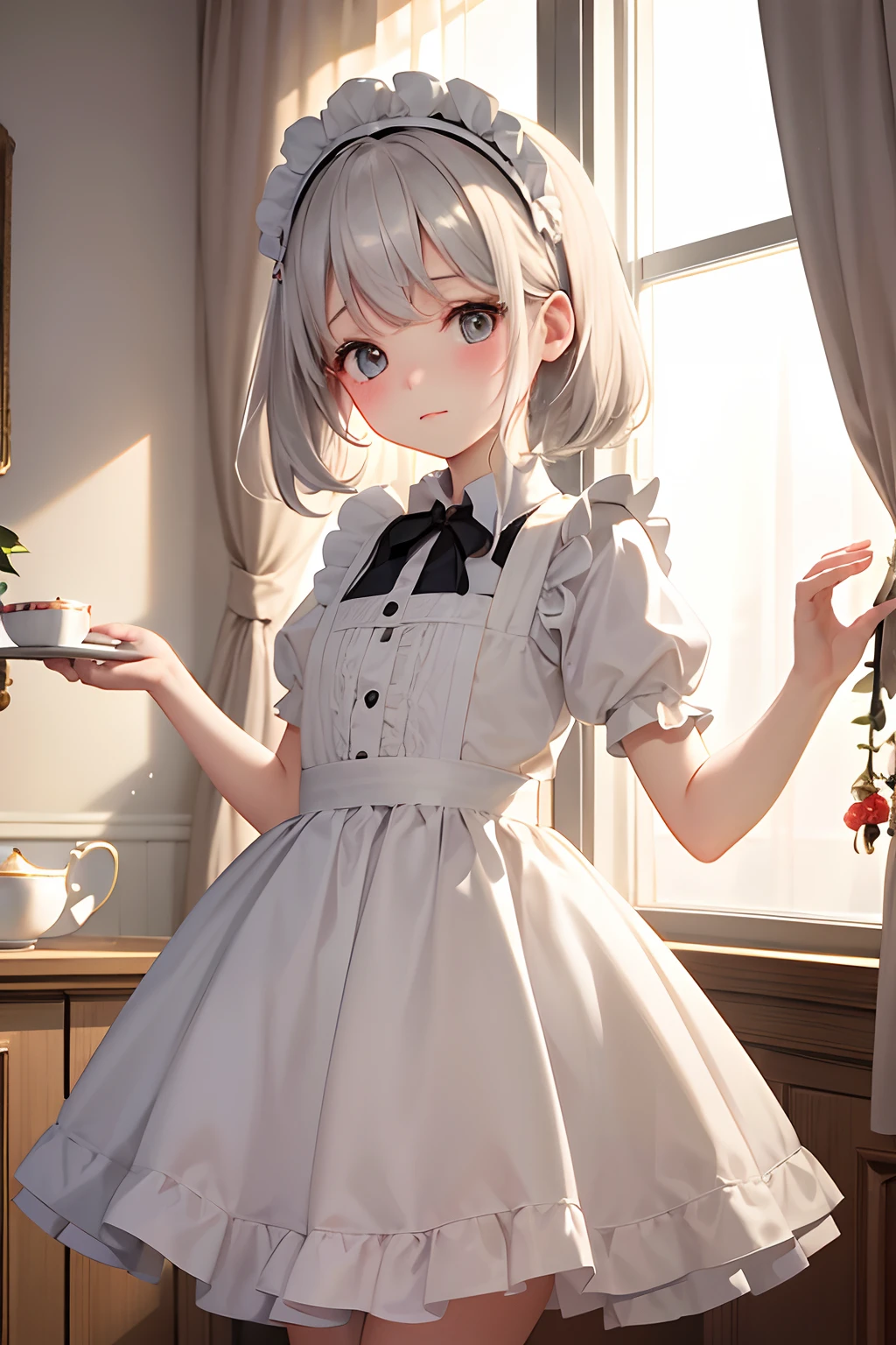 A li in a maid outfit,Wears a white headband,There are white hairs on the head。
She stood in a refined room,There was a neat table in the room with teacups and cakes。
Soft sunlight streams in through the curtains,Illuminated the room。