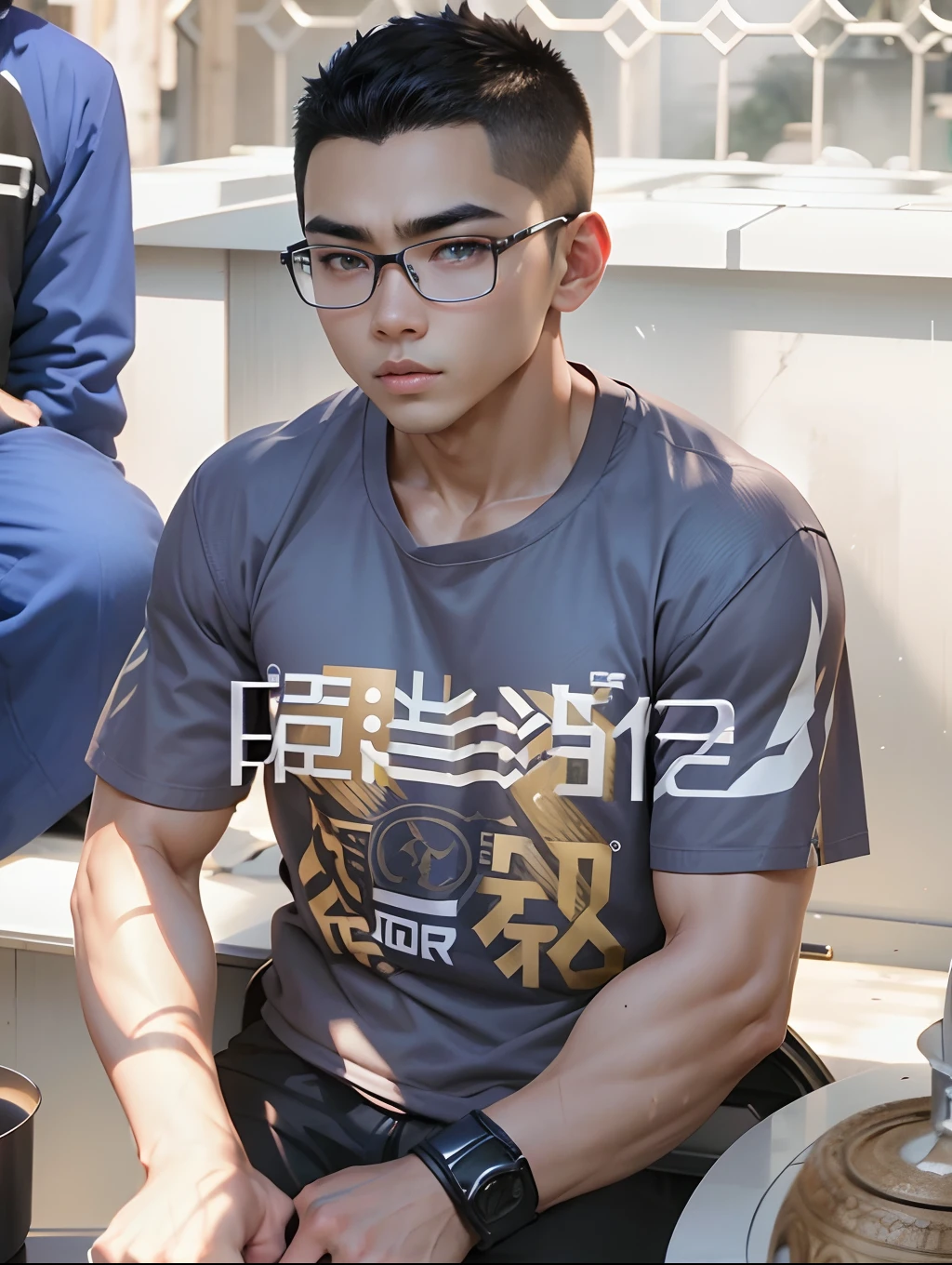 one male，shoun，年轻，photorealestic，Realiy，frontage，The muscles are pronounced，Strong，Darker skin，thick eyebrow，Brown eyes，Brush cut，sense of strength，Sharp eyes，The face of a teenager