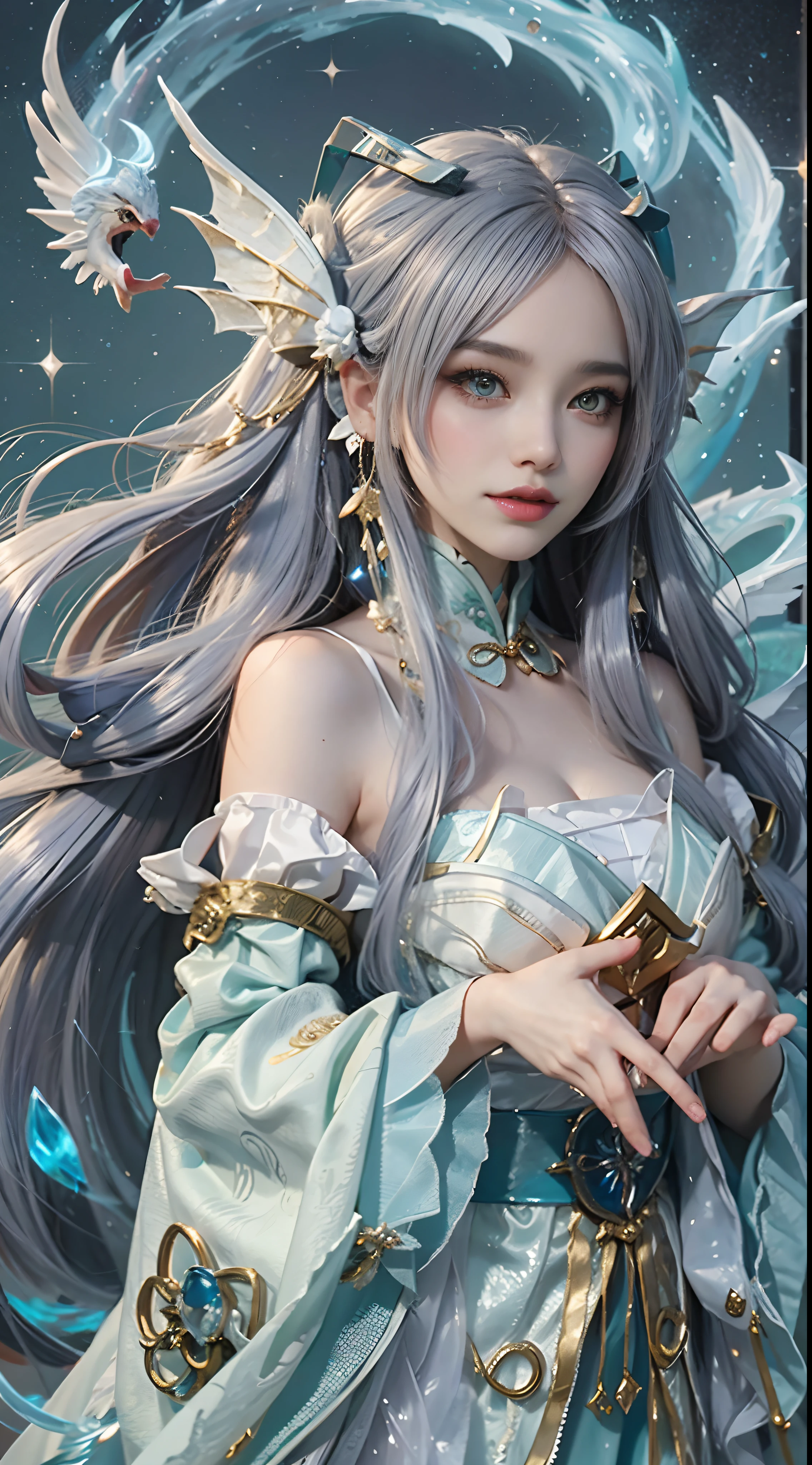 Close-up of a woman in costume on stage, Whole body xylose, beautiful celestial mage, a stunning young ethereal figure, The beautiful queen of fantasy, astral witch clothes, shaxi, flowing magical robe, Hanfu Blanco, xianxia fantasy, belle delphine, Ethereal fantasy, elegant glamourous cosplay, heise jinyao
