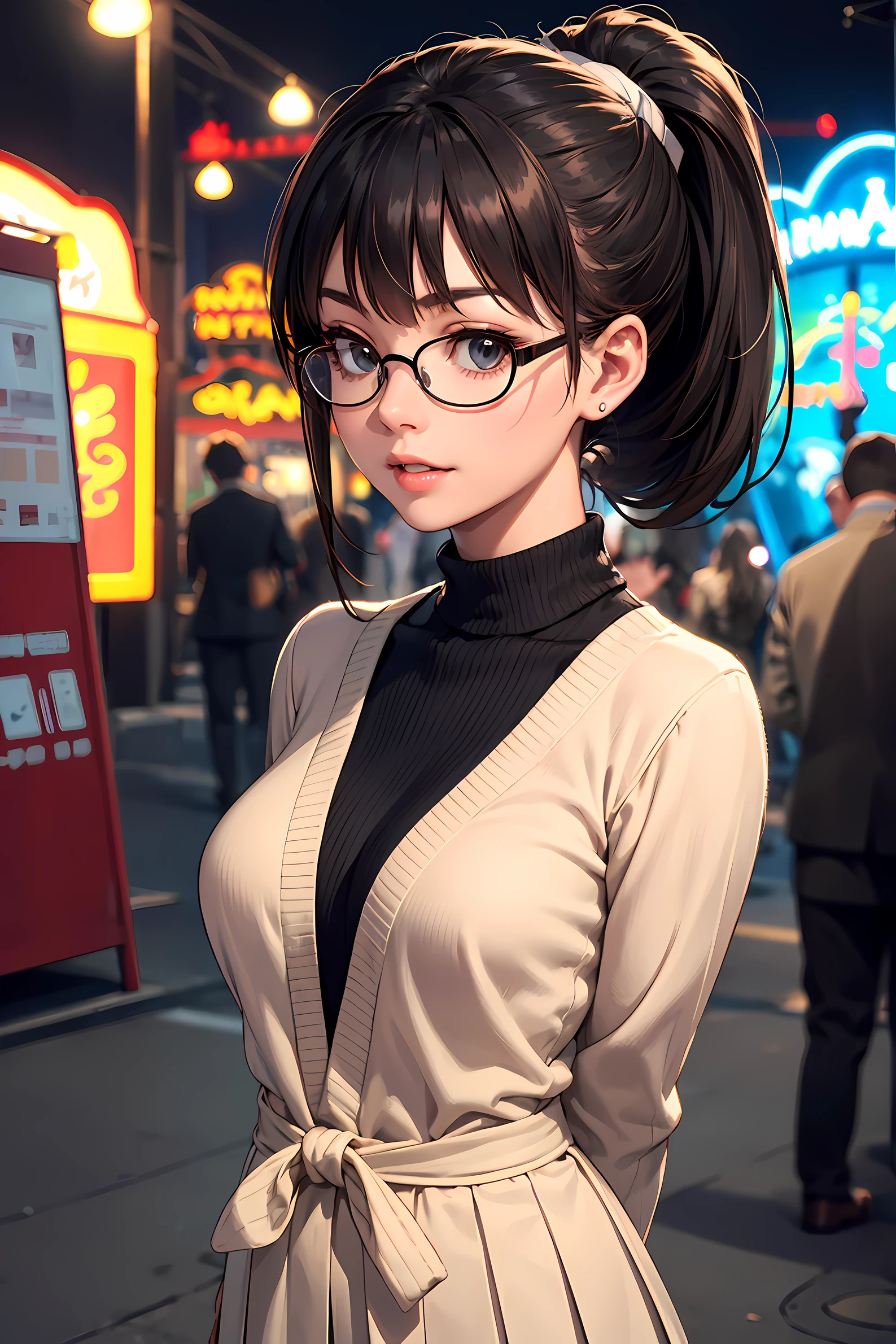 high resolution, Photo of a beautiful woman detailed_face, young handsome girl,realistic:0.5, perfect skin, (wearing a glasses:1.5), (ultra-detailed background, detailed background), bokeh, make happy expressions, happy emotion, gorgeous,pure, beautyfull detailed face and eyes,breasts, (black eyes:1.1), (Audrey Hepburn:1.3), (a extremely pretty and beautiful Japanese woman), (sexy girl), (professional attire:1.3), (22 years old: 1.1), BREAK, (orange turtleneck sweater:1.2, long sleeve:1.2), (beige Pleated skirt:1.2), (leather boots))), cleavage, beautiful detailed skin, (cute:1.2), (blonde hair), ((jpop idol)), (upper thigh:0.6), (depth of field),soft light, Lens Glow looking at viewer, (Drooping eyes:1.2), straight teeth,smile, floating hair, (blond hair:1.2), brown eyes BREAK movie scene, cinematic, full colors, 4k, 8k, 16k, RAW photo, masterpiece, professionally color graded, professional photography, high school girl, hair up, , soft clean focus, realistic lighting and shading, (an extremely delicate and beautiful art)1.3, elegant,active angle,dynamism pose BREAK (ponytail:1.3), (shiny-black thin hair:1.2), bangs, dark brown eyes, beautiful eyes, princess eyes, (big eyes:1.3), bangs, wearing a glasses:1.3, Hair between eyes, short hair:1.3, (slender:1.1), (medium-breasts:0.95), (thin waist: 1.15), (detailed beautiful girl: 1.4), Parted lips, Red lips, full-make-up face, (shiny skin), ((Perfect Female Body)), (upper body image:1.3), Perfect Anatomy, Perfect Proportions, (most beautiful Korean actress face:1.3, extremely cute and beautiful Japanese actress face:1.3), ,(1glasses girl:1.3, solo), ,(blush:1.1), gray background, solo focus, (bust shot:1.2), cinematic light, (nostalgic night scene:1.4), (amusement park:1.4), the vibrant glow of neon lights, retro-styled carnival rides, (arms behind back :1.4), (looking at viewer:1.2