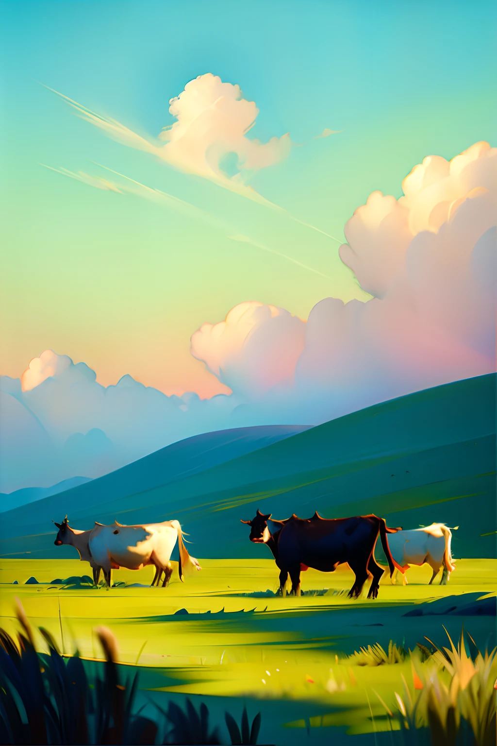 A painting of a summertime landscape, cows in a wide open field of grass, daytime light.