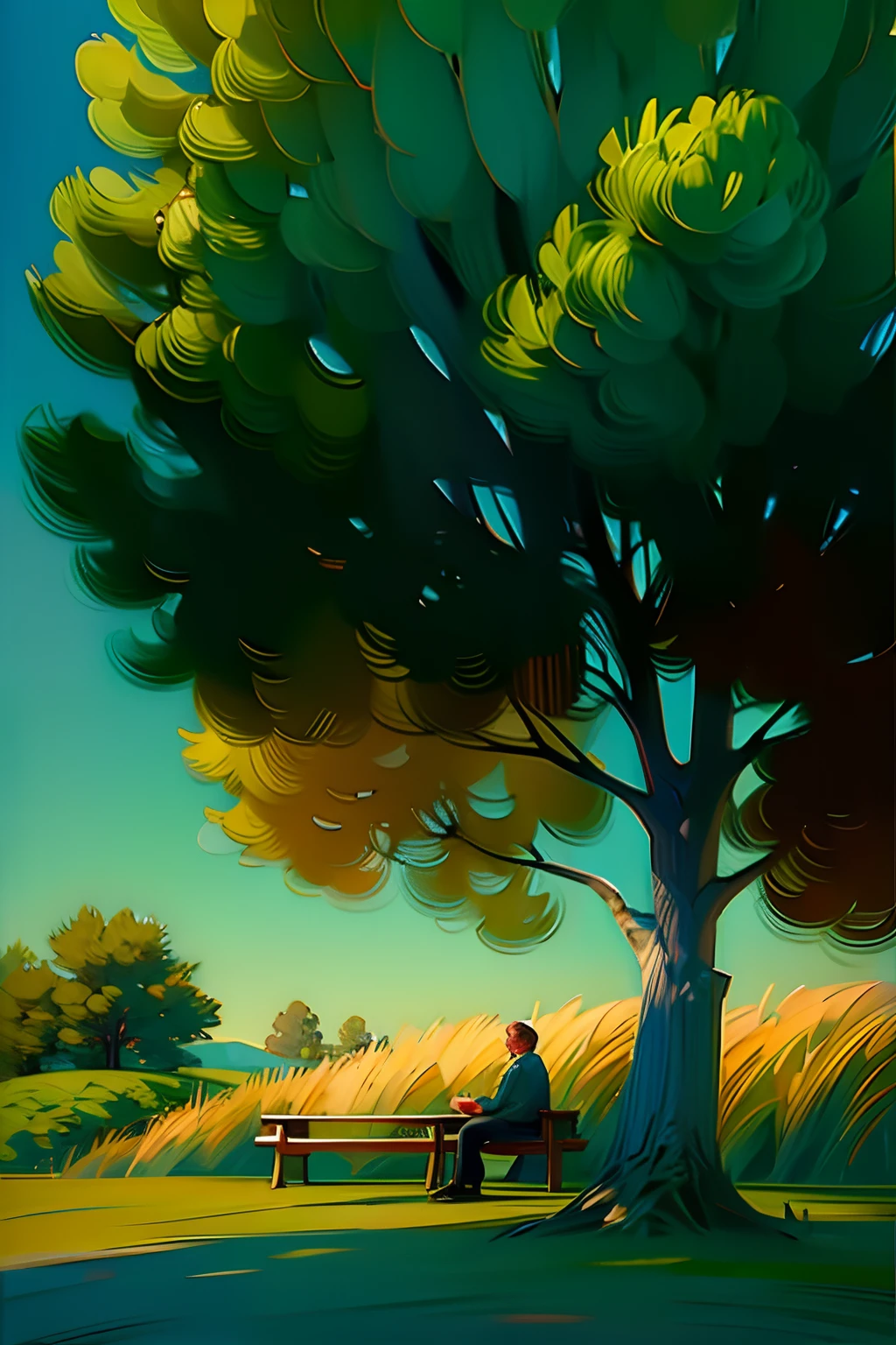 A painting of a summertime landscape, green trees, green grass, a picnic bench, a corn field, daytime light.