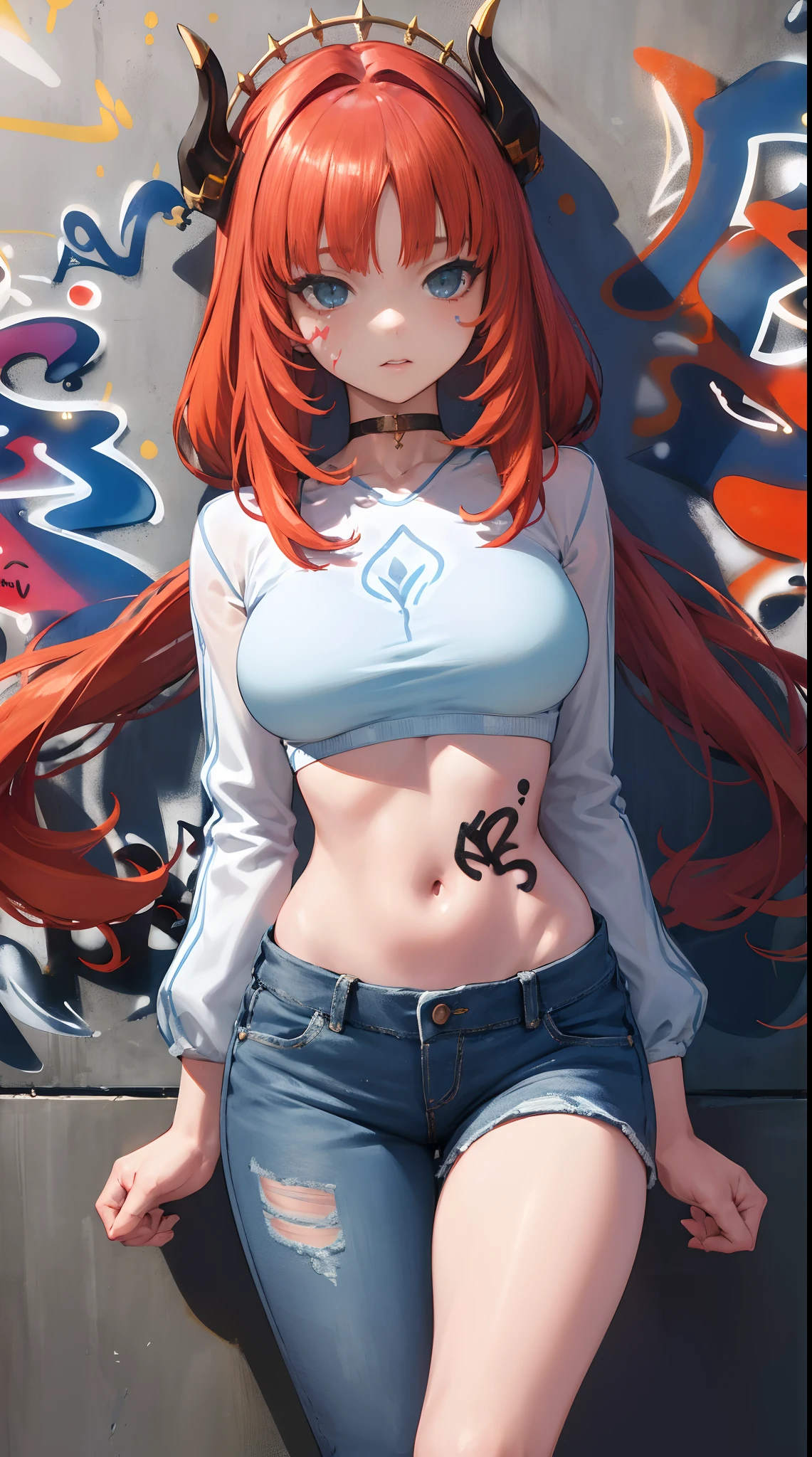 nile|genshin impact, master-piece, bestquality, 1girls,25 years old, proportional body, elongated legs, Beautiful, proportional., crop top, Long Jeans, mediuml breasts, ,bara, crop top, choker, (Graffiti:1.5), Splash with purple lightning pattern., arm behind back, against wall, View viewers from the front., Thigh strap, Head tilt, bored,(NSTDA.:1.2), (10, beste-Qualit, master-piece: 1.4), Beautiful red hair, ultra-high resolution, (lifelike, photorealistic portrait: 1.48), 20 age, Cute Girl, (Looking Through Crop Tops.), Famous Japanese actors, beautiful clear eyes, Head tilt, cowboy shot, from the front, looking at the audience, expressionless, Beautiful lake, Zeiss 150mm F/ 2.8 Hasselblad,  Whole body, foot, Ultra-Wide Angle,