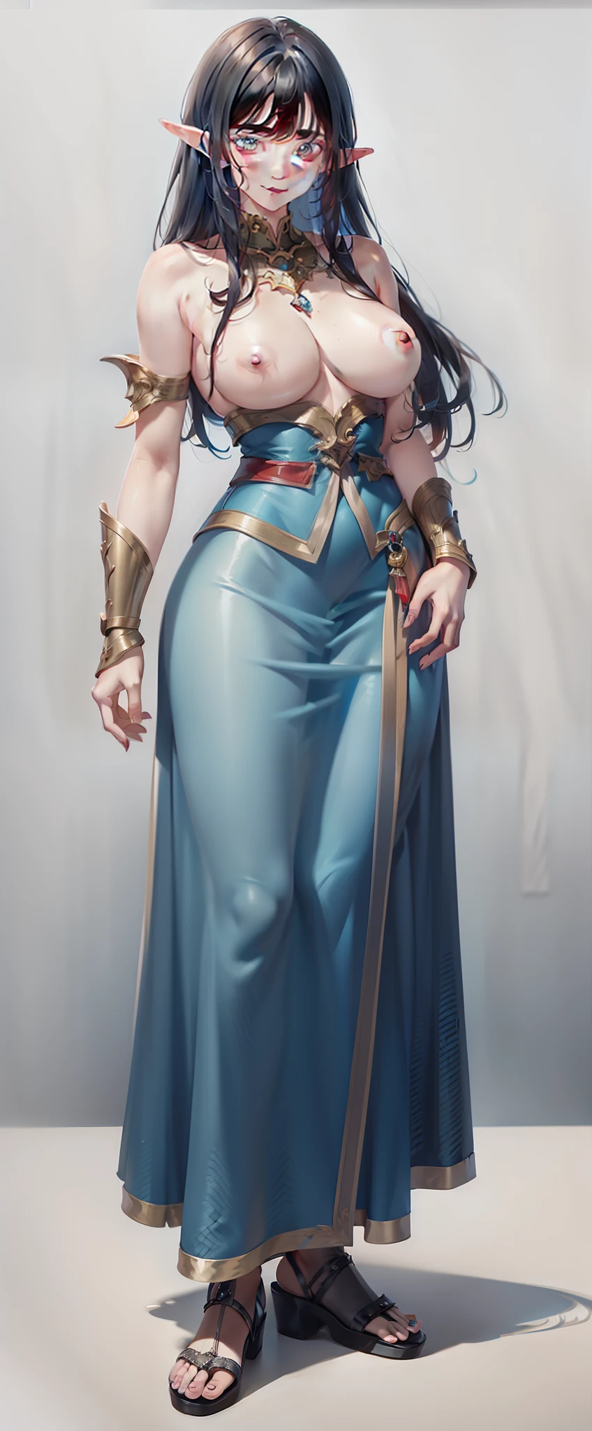 red and blue two-color hair,hentail realism, shadowing,,character sheets, reference sheet, Standing painting, 8K, Super detail, 1080p, Women's HD,Female elf,Elves,femele, 16k, A high resolution, Best quality, High quality, Anatomically correct, Masterpiece, ccurate, hyper HD,As graceful as a swan,unreal-engine, Ghibli-like colors, anime big breast, Standing painting, angle of view,battle armor,ssee-through,Red infracing