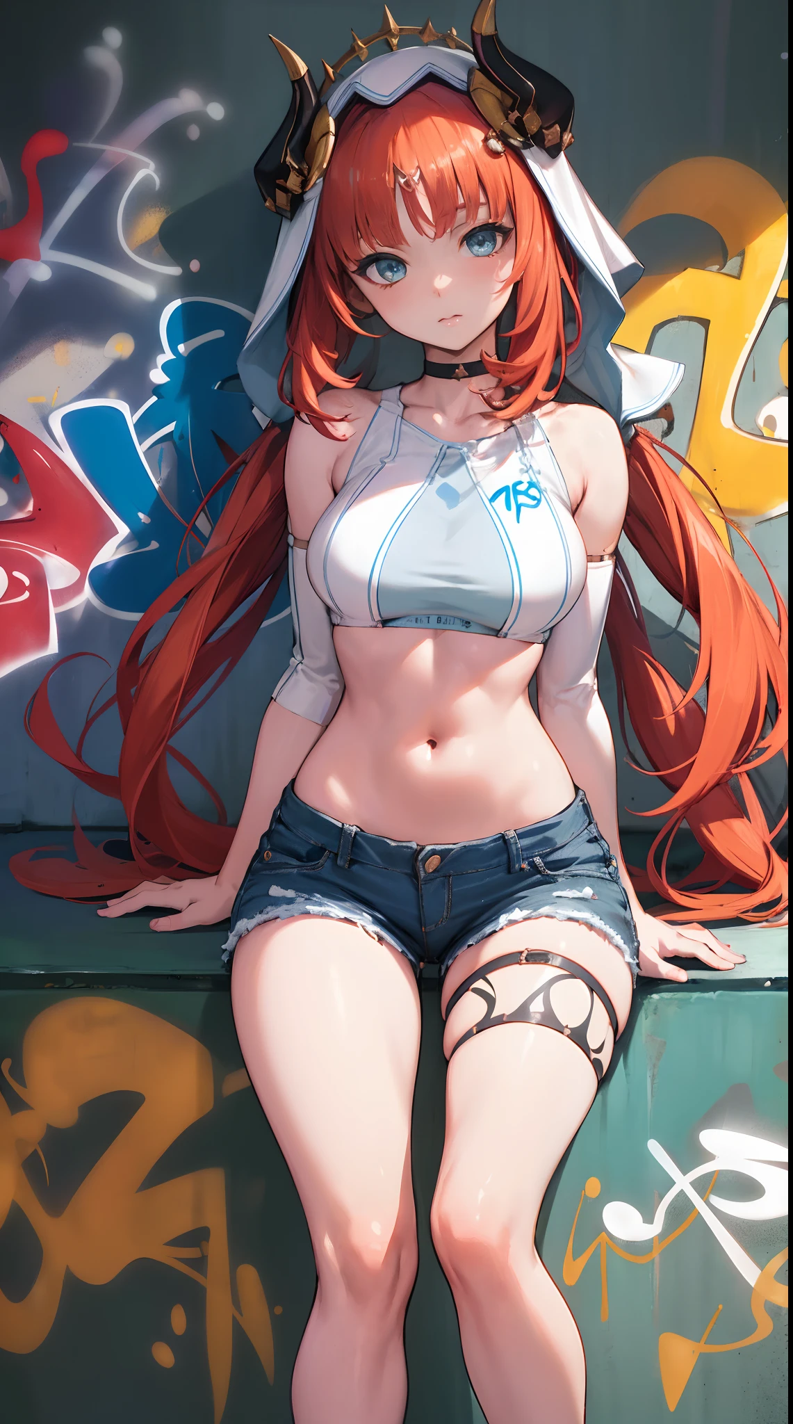 nile|genshin impact, master-piece, bestquality, 1girls,25 years old, proportional body, elongated legs, Beautiful, proportional., crop top, Long Jeans, mediuml breasts, ,bara, crop top, choker, (Graffiti:1.5), Splash with purple lightning pattern., arm behind back, against wall, View viewers from the front., Thigh strap, Head tilt, bored,(NSTDA.:1.2), (10, beste-Qualit, master-piece: 1.4), Beautiful red hair, ultra-high resolution, (lifelike, photorealistic portrait: 1.48), 20 age, Cute Girl, (Looking Through Crop Tops.), Famous Japanese actors, beautiful clear eyes, Head tilt, cowboy shot, from the front, looking at the audience, expressionless, Beautiful lake, Zeiss 150mm F/ 2.8 Hasselblad, Whole body, foot, Ultra-Wide Angle,