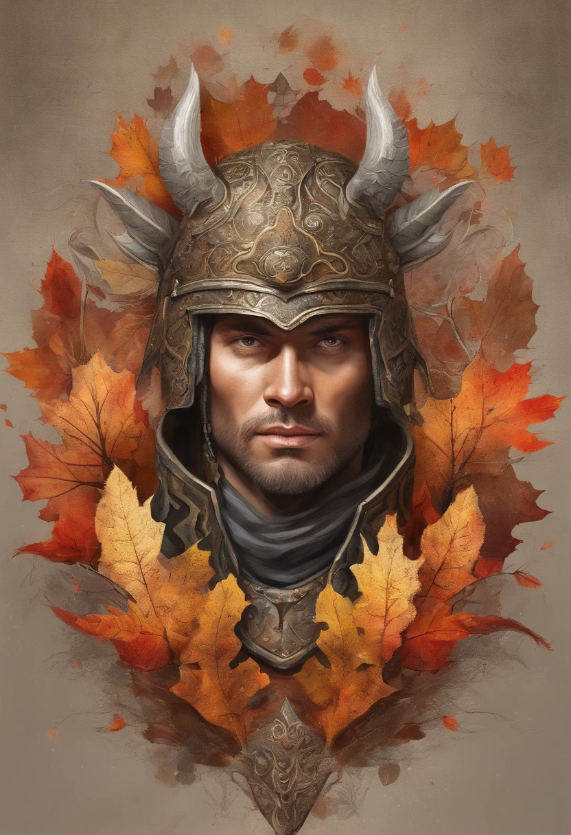 autumn forest scene with a man in samurai armor with fur around the neck and waist, wearing devil helmet, dusty detail ornaments, battle weary, man warrior, armor, epic, face scar, dnd character portrait, intricate, 8k resolution, dynamic lighting, hyperdetailed, unreal 5, volumetric lighting, alphonse mucha, pre-raphaelite, detailed background, mandala, detailed face, detailed eyes, neon eyes, autumn forest with flying leaf in the background
