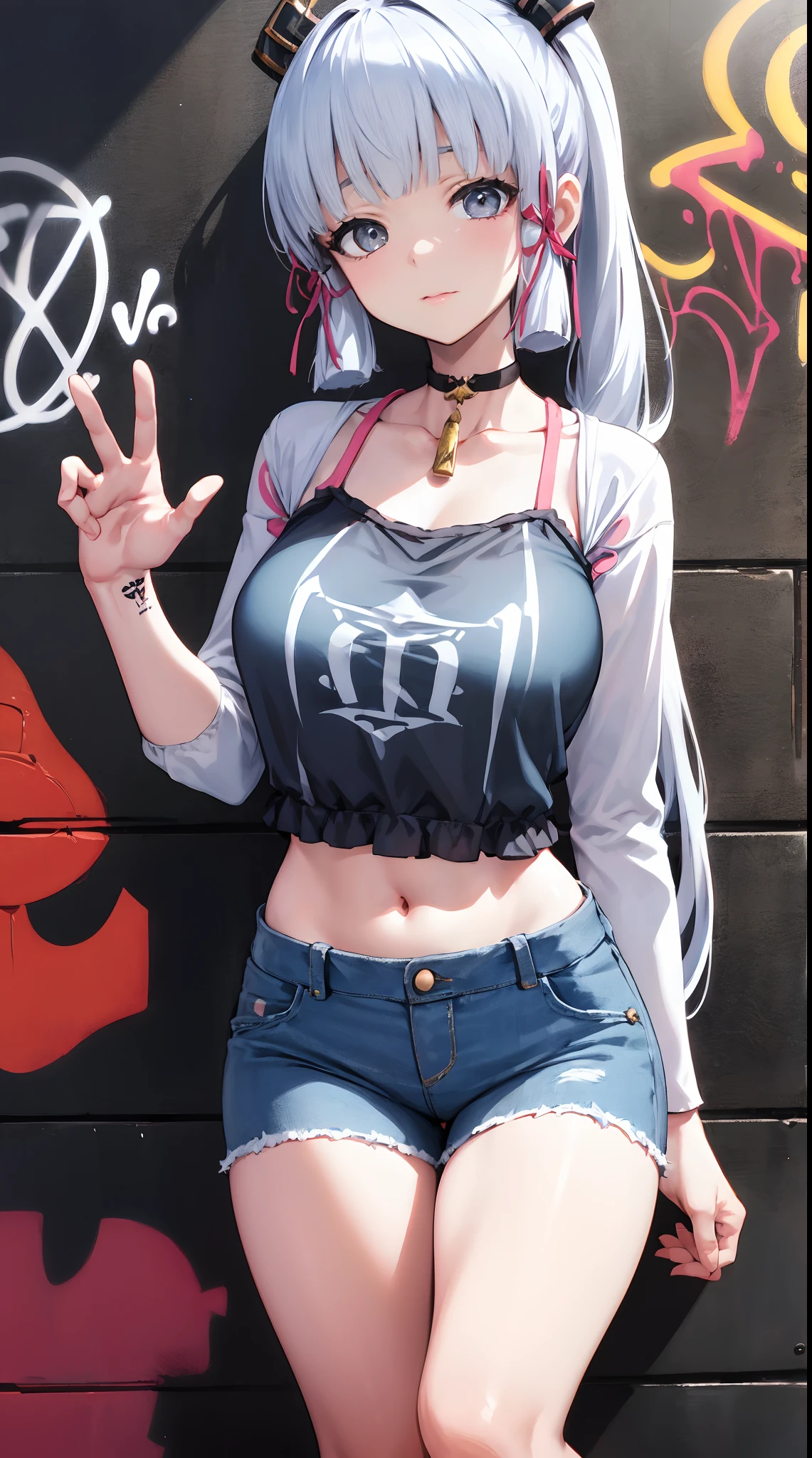 kamisato ayaka|genshin impact, master-piece, bestquality, 1girls,25 years old, proportional body, elongated legs, Beautiful, proportional., crop top, Long Jeans, mediuml breasts, ,bara, crop top, choker, (Graffiti:1.5), Splash with purple lightning pattern., arm behind back, against wall, View viewers from the front., Thigh strap, Head tilt, bored,(NSTDA.:1.2), (10, beste-Qualit, master-piece: 1.4), Beautiful red hair, ultra-high resolution, (lifelike, photorealistic portrait: 1.48), 20 age, Cute Girl, (Looking Through Crop Tops.), Famous Japanese actors, beautiful clear eyes, Head tilt, cowboy shot, from the front, looking at the audience, expressionless, Beautiful lake, Zeiss 150mm F/ 2.8 Hasselblad, Whole body, foot, Ultra-Wide Angle,