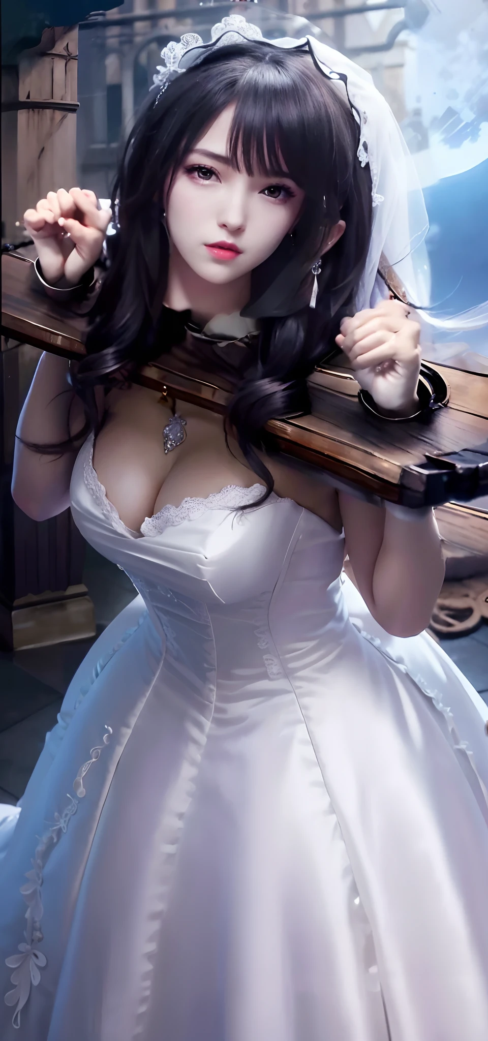 Close-up of a beautiful bride in a beautiful wedding dress, Gurvetz,( pillory:1.5), Flail on the head, Flail on the hands, Flail,(Bridal veil: 1.5), (Short transparent veil: 1.5), Flushed face, Head flower, head gear, (Tubular wedding dress: 1.5), (Silk dress: 1.2 ), (Strapless wedding dress: 1.5), Pure white dress, necklace, Earrings, (Huge breasts: 1.3), Deep V heart collar wedding dress, bangs, lipstick, (Lace gloves: 1.3), Full body photo, High detail RAW color art, a white long skirt, Whole body, with hands behind her back, and floor-length skirts,