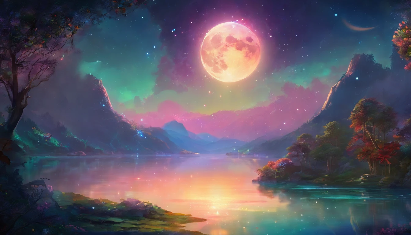 expansive landscape photograph , (a view from below that shows sky above a lake in a jungle below), a lake in a jungle, lotus on the surface of the lake, (firefly in the jungle: 1.3), ((a beautiful moonlit night scene)), (a big full moon: 1.3) , partly cloudy sky, (night shooting star: 1.1), (nebula: 1.2), (image of the moon into the lake: 1.2), distant mountain, 4k, ultra-detailed, (dynamic configuration: 1.4), highly detailed and colorful details (iridescent: 1.2), (sparkling lighting, atmospheric lighting), highest quality