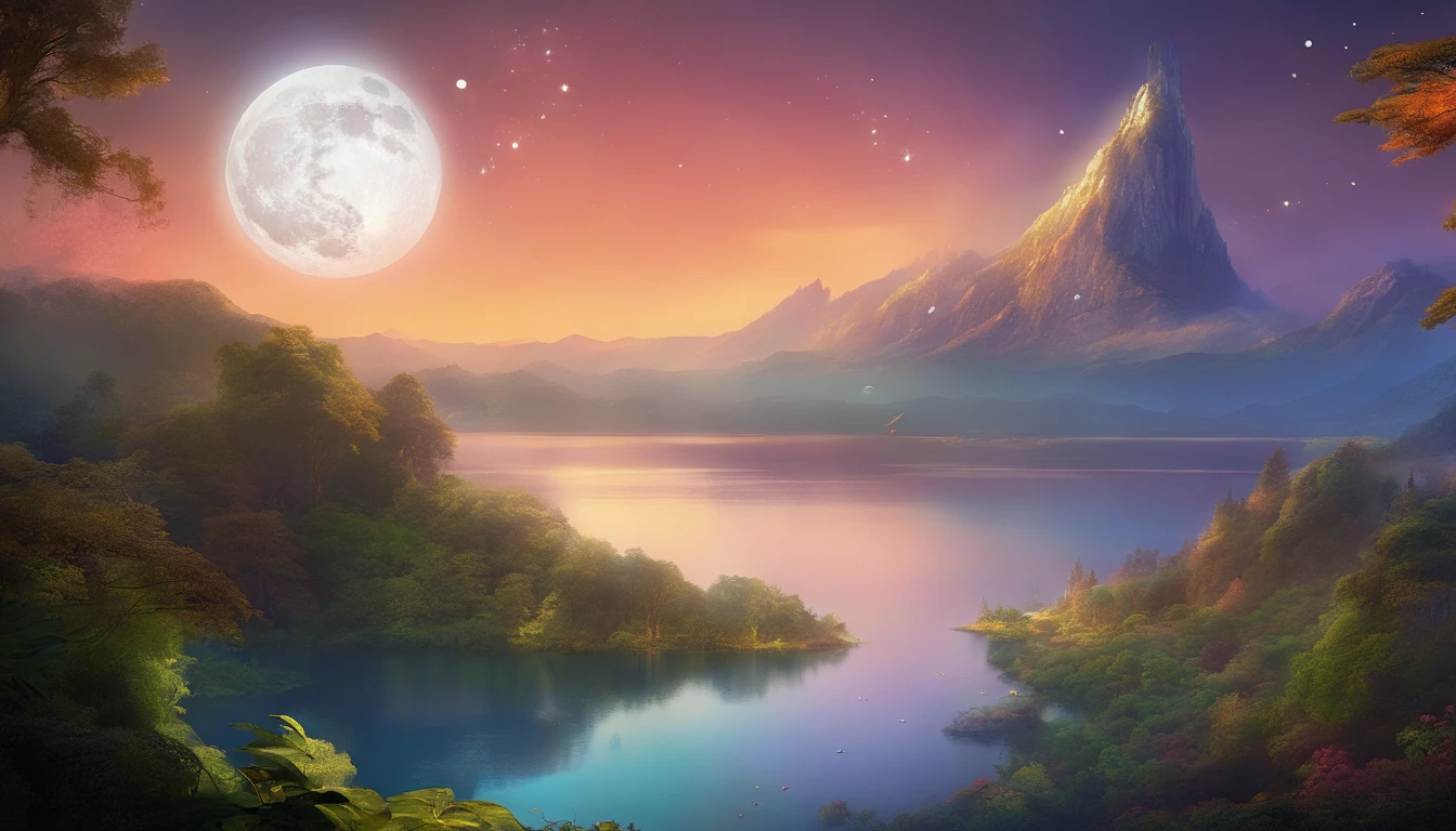 expansive landscape photograph , (a view from below that shows sky above a lake in a jungle below), a lake in a jungle, lotus on the surface of the lake, (firefly in the jungle: 1.3), ((a beautiful moonlit night scene)), (a big full moon: 1.3) , partly cloudy sky, (night shooting star: 1.1), (nebula: 1.2), (image of the moon into the lake: 1.2), distant mountain, 4k, ultra-detailed, (dynamic configuration: 1.4), highly detailed and colorful details (iridescent: 1.2), (sparkling lighting, atmospheric lighting), highest quality