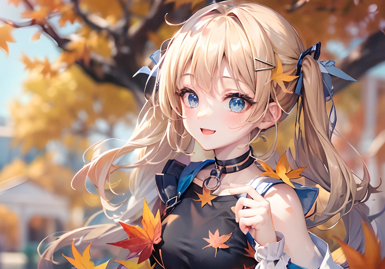 absurderes, ultra-detailliert,bright colour, extremely beautiful detailed anime face and eyes, 25 years old,(Blue sky in autumn:1.4)、In a row of ginkgo trees , asymmetrical bangs,(Blonde hair with short twin tails), Shiny hair, Delicate beautiful face, red blush、(Deep Blue Eyes:1.3), White skin, hair clips,  (Brown shirt:1.4)、Happy smile、Slender body、(sun light)、a choker、