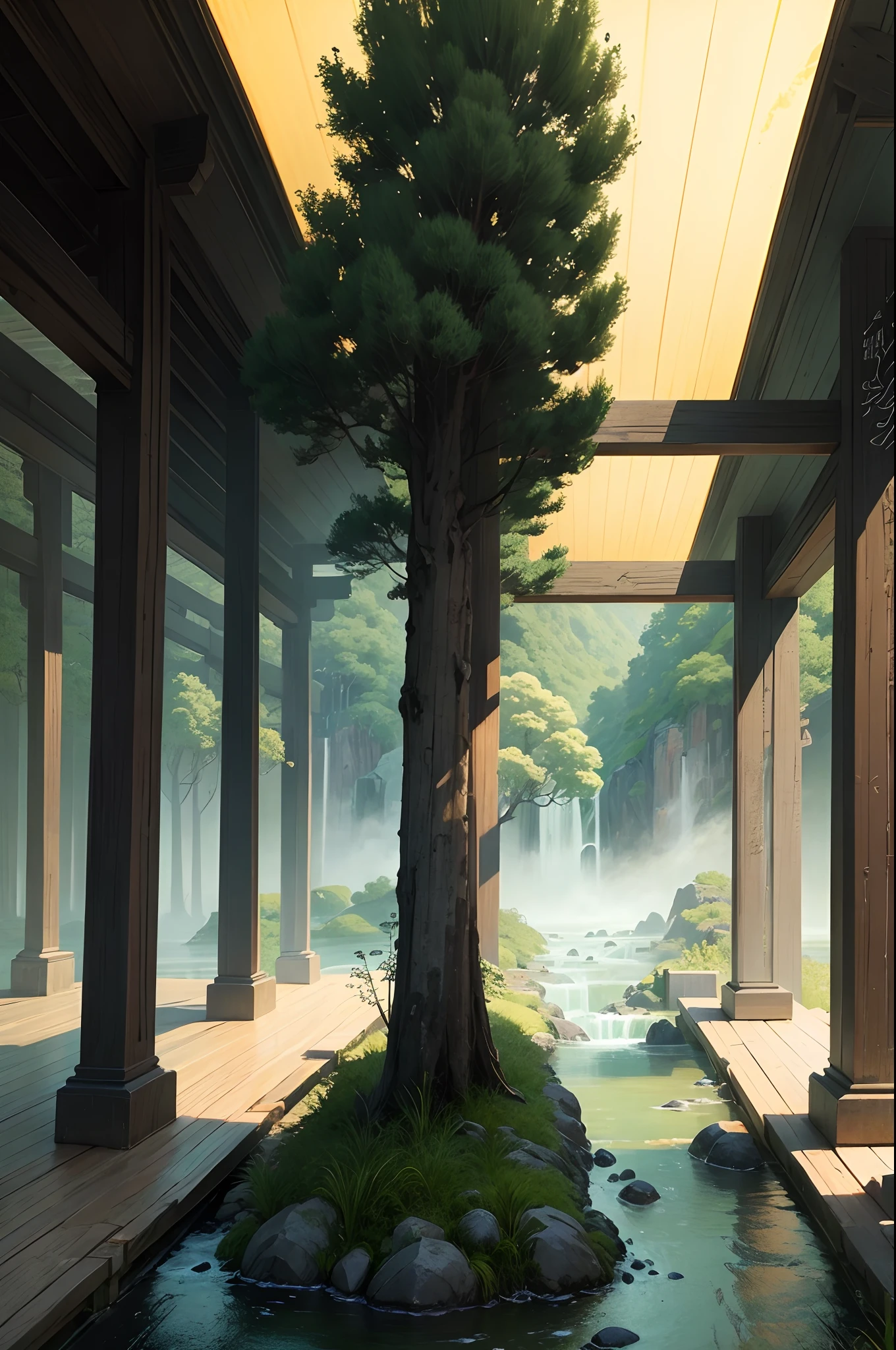 green color,Draw lines,Ancient Chinese landscapes,Pavilions,Yellow drawing paper,Green landscape,Works of masters,Wang Ximeng's painting style,Northern Song Dynasty green landscape painting,The pinnacle of ancient Chinese painting,Hayao Miyazaki animation,Stylistic works of the Royal School of Painting of the Song Dynasty,Wang Ximeng's compositional method,Mono Color,Thousands of miles of rivers and mountains
