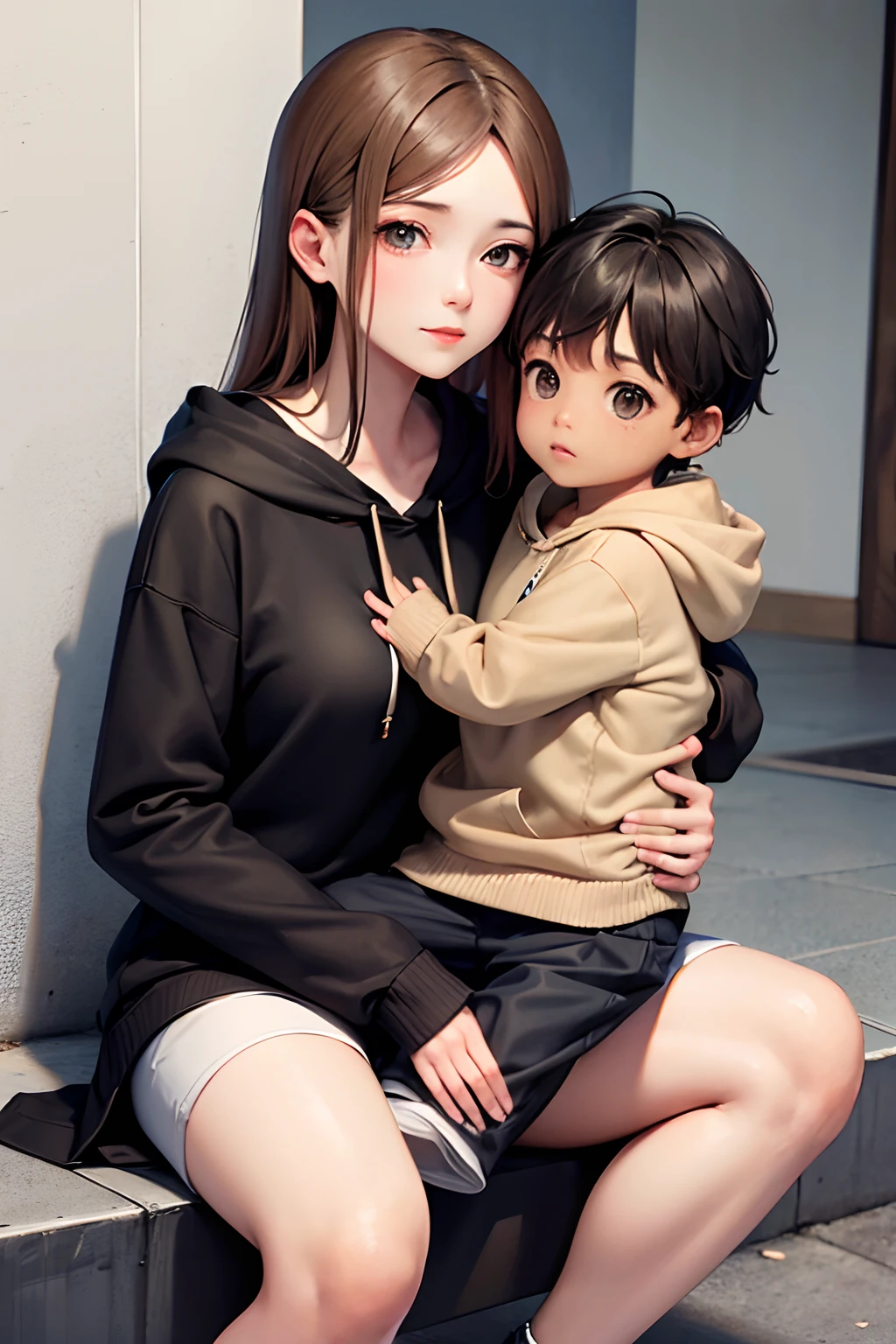 mom dressed in a light brown skirt and a black hoodie. holding her son on her, streets, sitting on lap, shorts