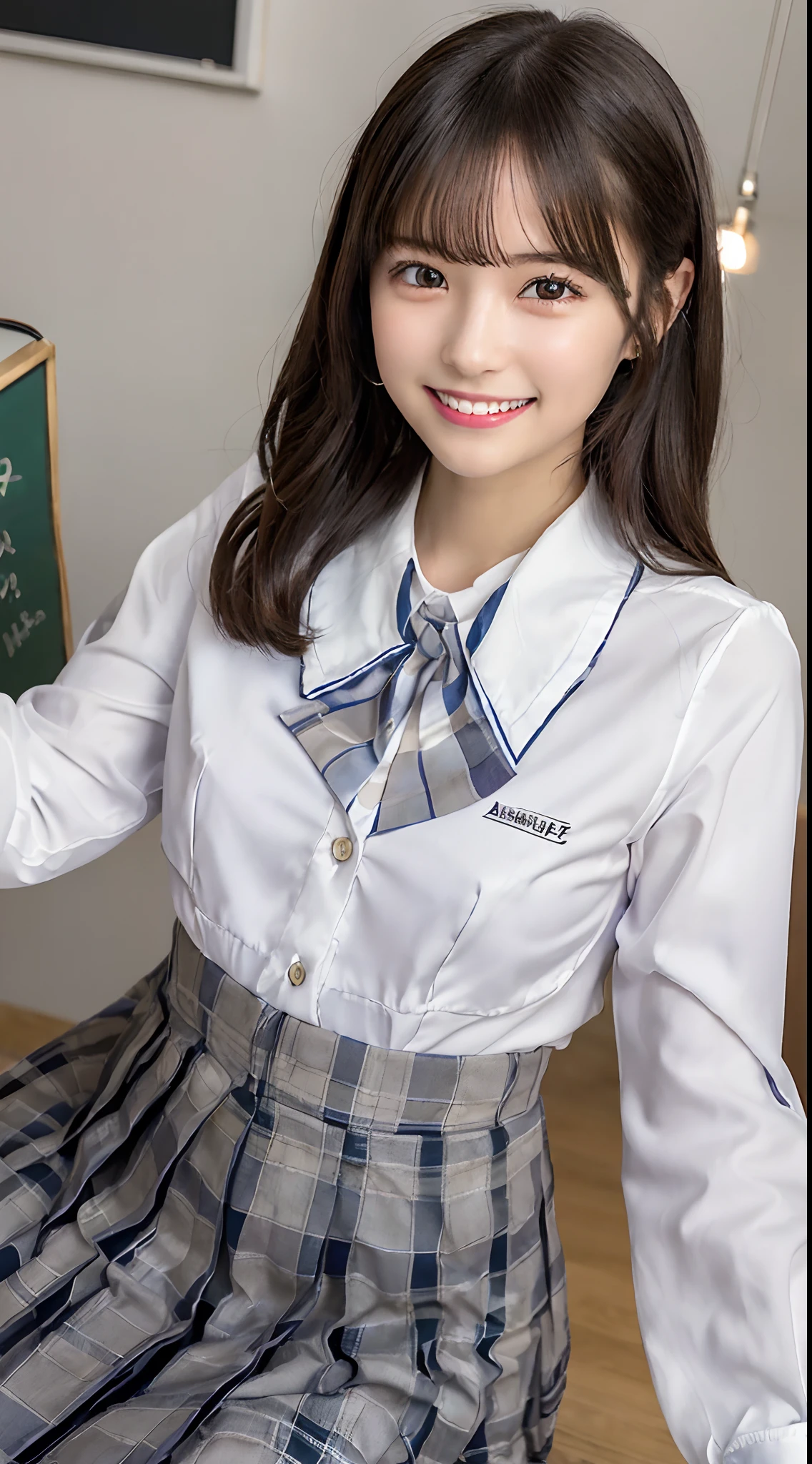 ((Angle from below:1.2)),(Angle seen from diagonally below:1.2),Very cute woman,18year old,((School Uniforms:1.3)),A dark-haired,Hair Ribbon,Classroom,(masuter piece, Best Quality,Ultra-detailed:1.2),((A smile:1.4))