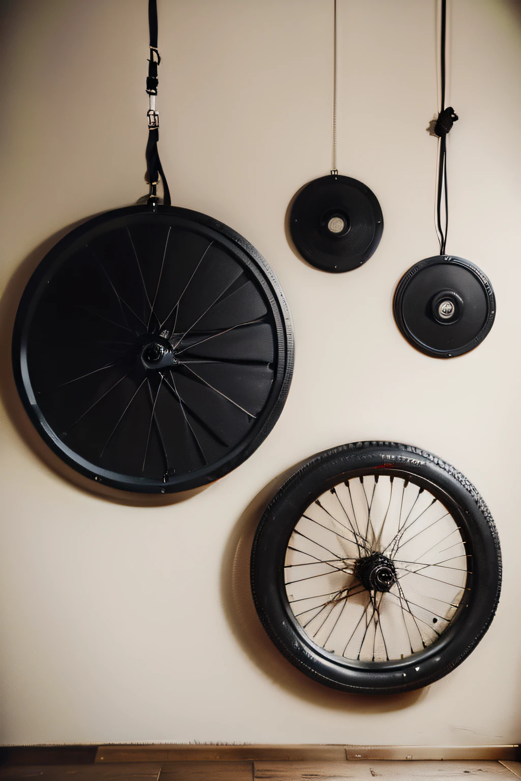 Decorations with black bicycle wheels hanging on white walls