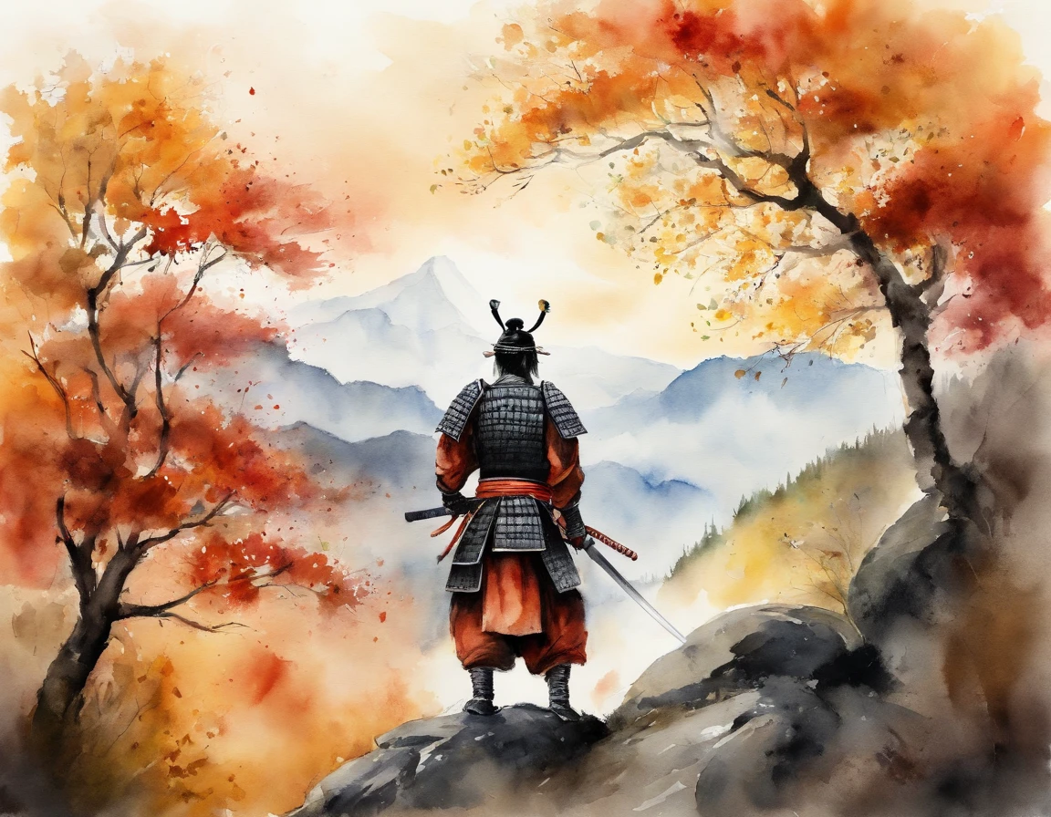 (a samurai,behind,standing on a mountain,image of,autumn forest,back turned to viewers,autumn leaf flying)(photorealistic,ultra-detailed)