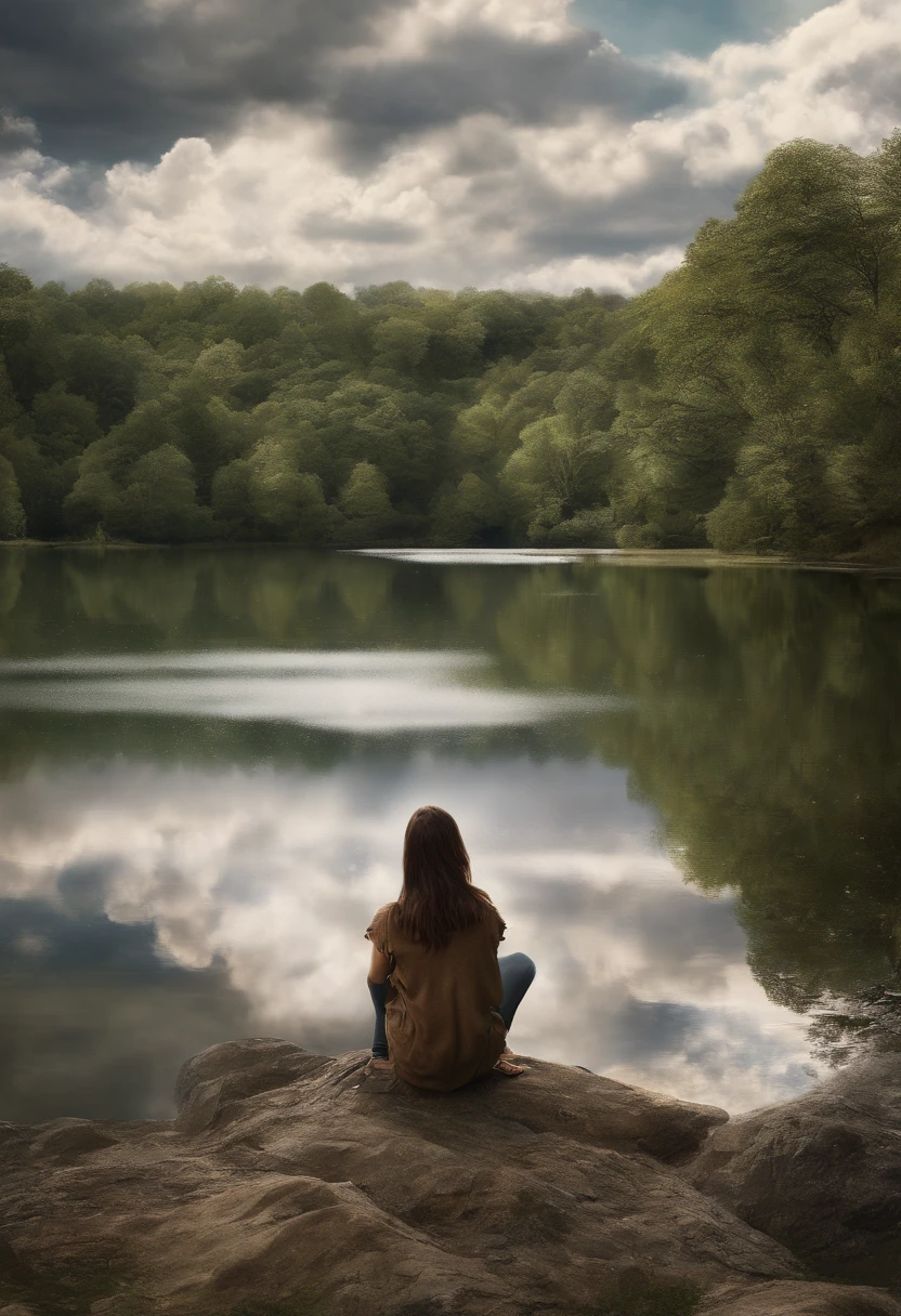Generate an illustration of a contemplative landscape, calm and serene with mystic clouds and tranquil waters. 1 girl is sitting on a hill by a lake looking up in a sun covered sky in contemplative and philosothical, melancholic silent wonder.