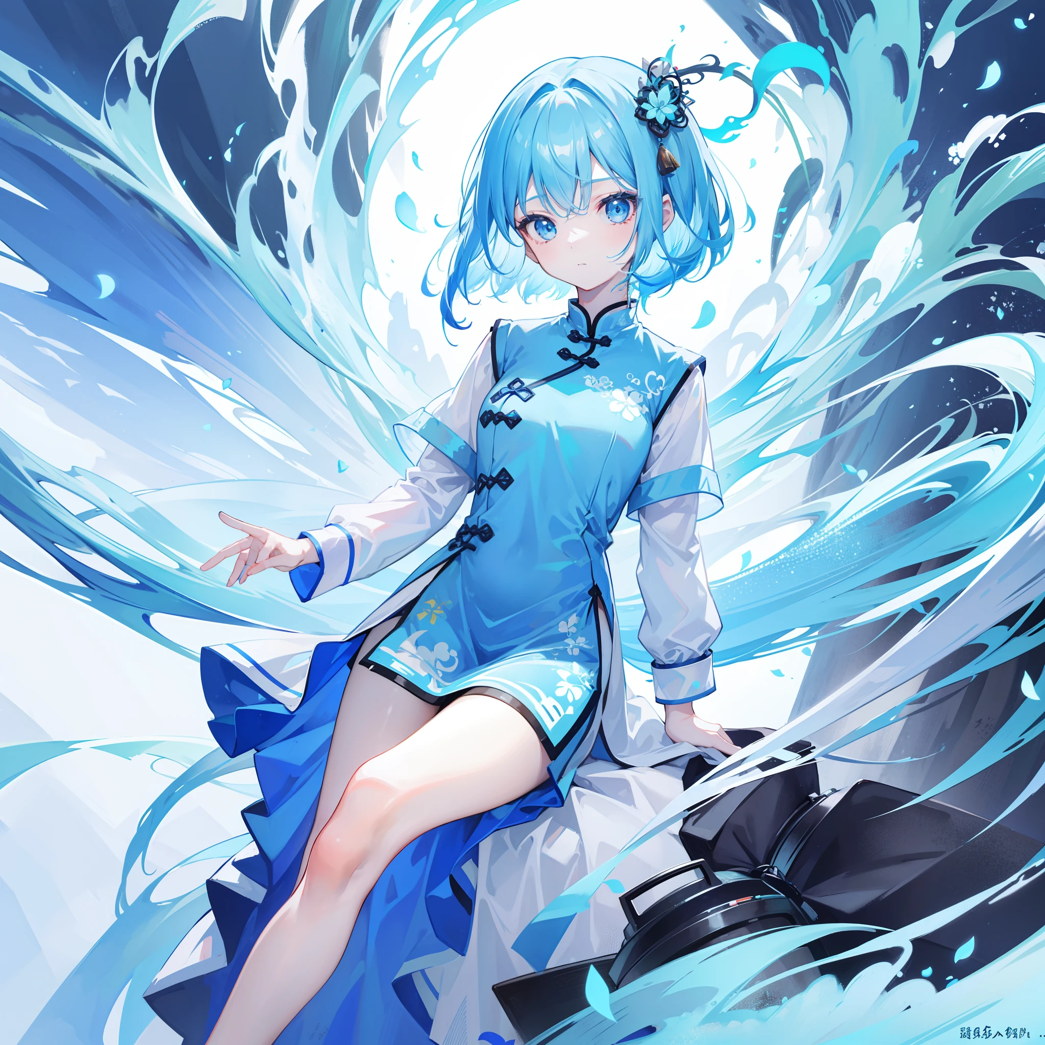 With short fluorescent blue hair,Small face,Wearing a light blue New Age Contemporary Chinese loose and simple student uniform,A very delicate and cute sweet girl