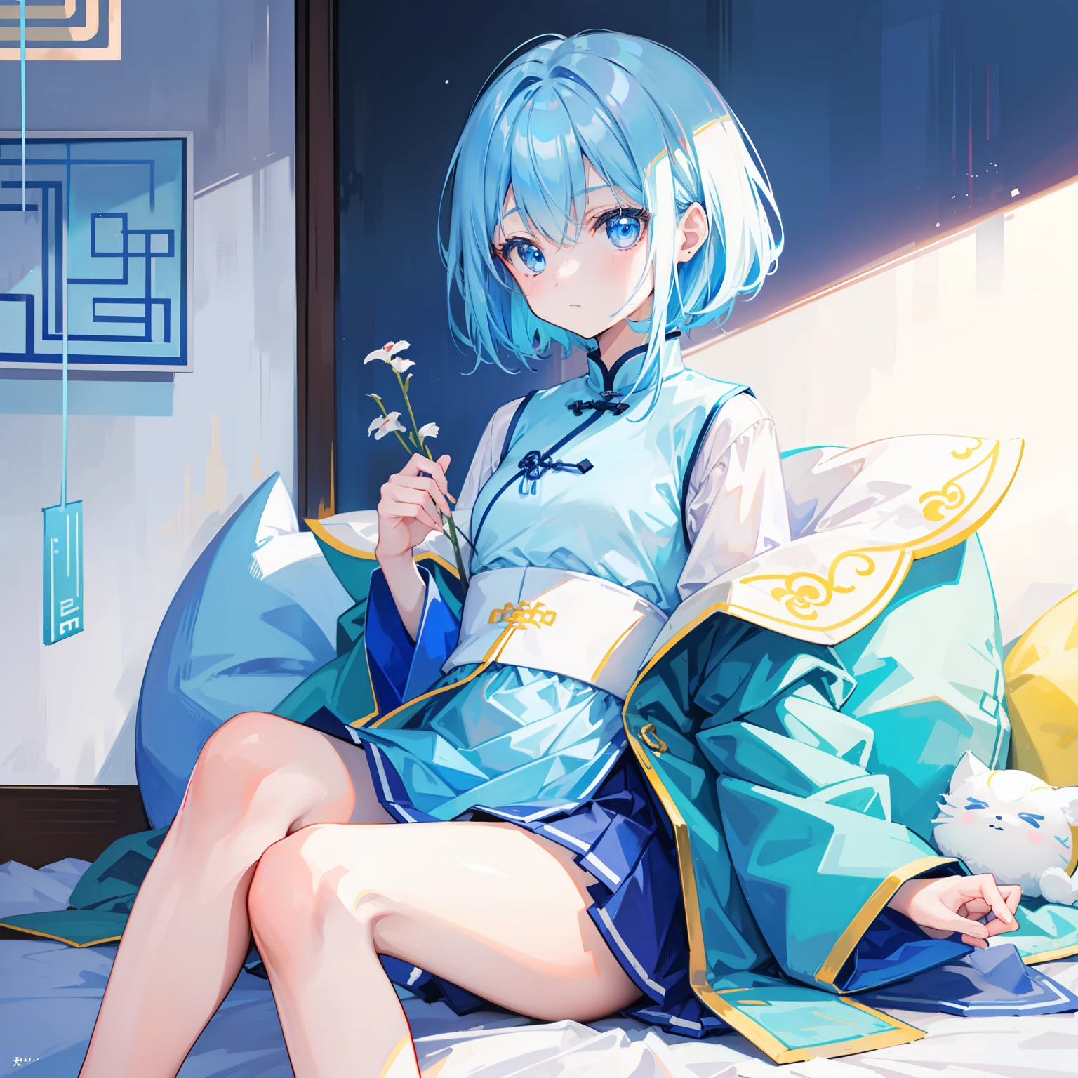 With short fluorescent blue hair,Small face,Wearing a light blue New Age Contemporary Chinese loose and simple student uniform,A very delicate and cute sweet girl