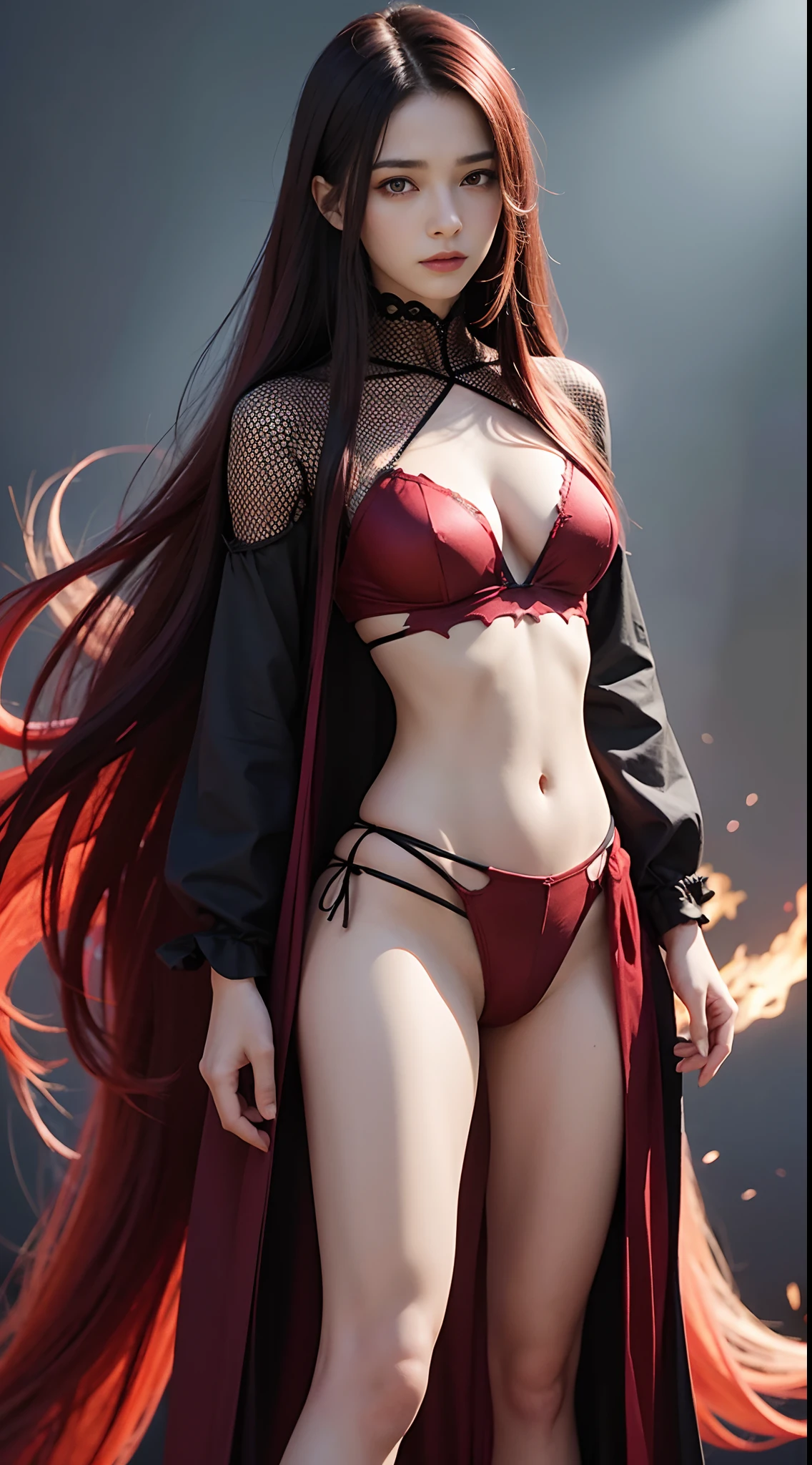 (Best Quality,4K,High resolution), 18yo woman, Red mesh hair on black hair, Long hair, Straight hair,  , Comical appearance，(Best Quality,4K,High resolution), 18yo woman, Red highlights on black hair, Long hair, Straight hair, Transforming Woman,An abnormal，Cold eyes ,sharp eye，distressed look，Red glowing eyes，Facial expression enhancement，，Changing the Appearance of a Transform，beast，Beastification，Evil Fight，buttle，Delicate illustrations drawn in detail，Torn clothes with decoration，Disheveled clothes，Realistic portrayal，Vibrant colors，expresive，Classic background