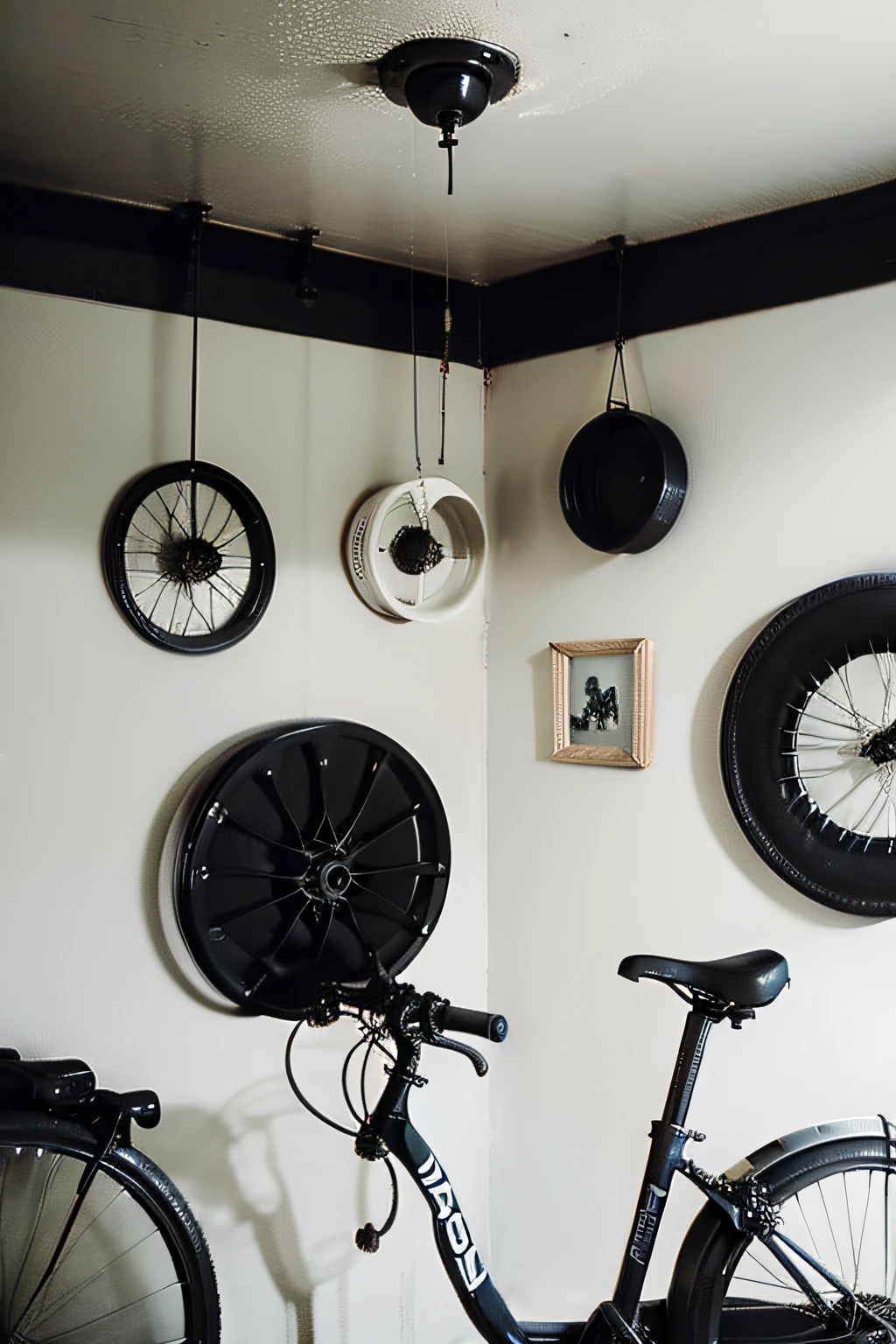 Decorations with black bicycle wheels hanging on white walls