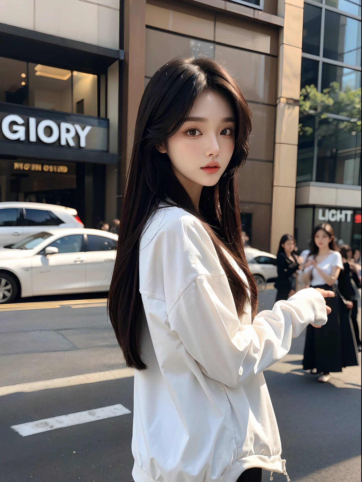 masterpiece、top-quality)、1 beutiful girl、Slim body、((Black and white plain clothes:1.1))、(Detailed beautiful eyes)、Walk around the store、((Boyish Brown Medium Hair))、((Smaller face))、((Neutral face))、((Face seen from the side))、((Light brown eyes))、((Korean Girl))、((18year old))、((cool lady))、((Wild look))、((Korean Makeup))、((elongated and sharp eyes))、((Happy dating))、((looking distantly))、((boyish))、((Shot from the same height as your face))、((Shorter than viewer))、((She is walking in front of the viewer))、((Engage your audience))