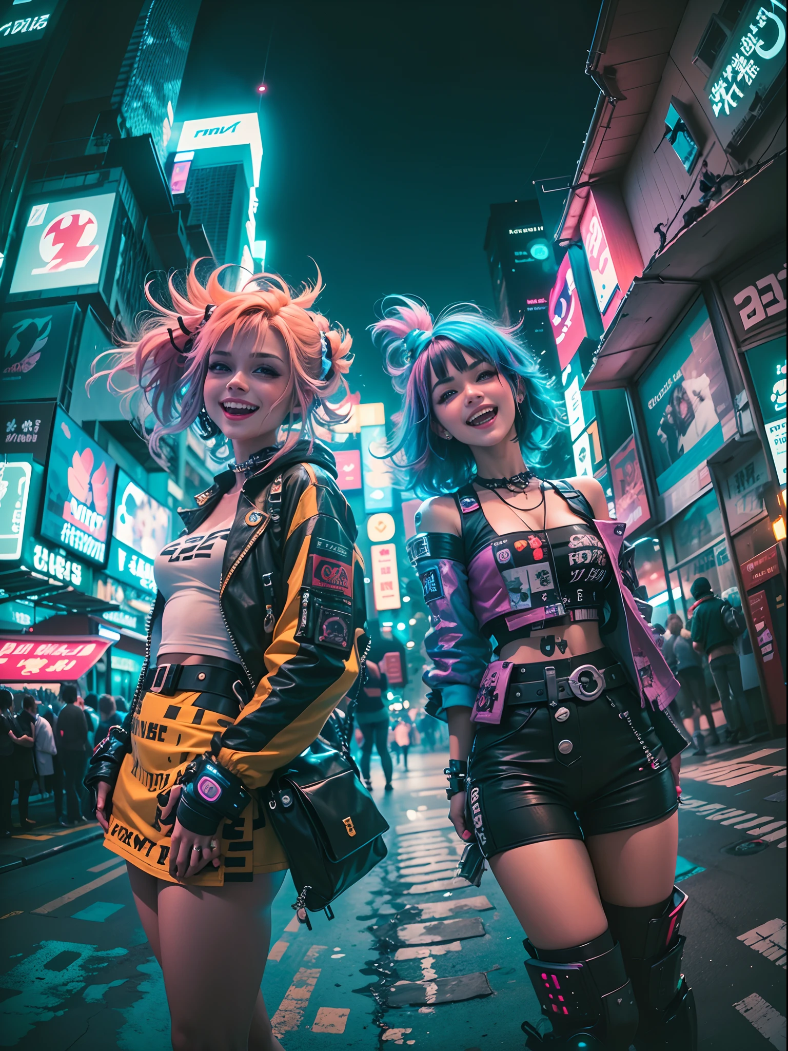 ((2 cyberpunk girls wearing colorful Harajuku style pop outfit)), ((fisheye lens)), cowboy shot, wind, messy hair, cyberpunk cityscape, (aesthetics and atmosphere:1.2), smiling, laughing, ((cinematic lighting))