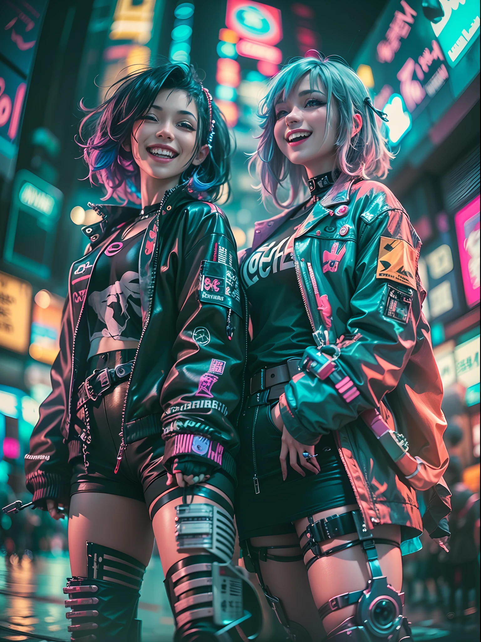 ((2 cyberpunk girls wearing colorful Harajuku style pop outfit)), ((fisheye lens)), cowboy shot, wind, messy hair, cyberpunk cityscape, (aesthetics and atmosphere:1.2), smiling, laughing, ((cinematic lighting))