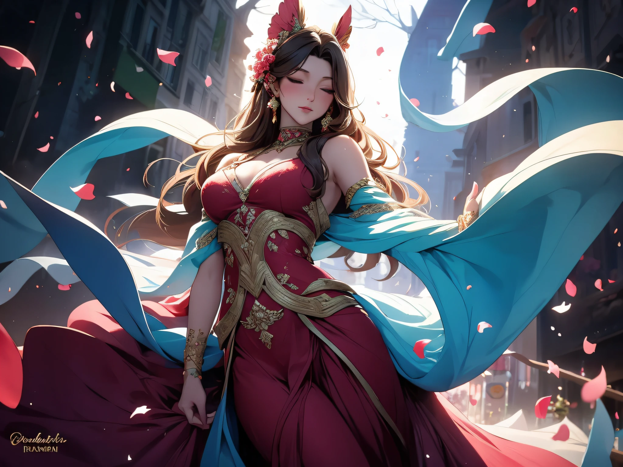 In a sea of colorful flowers, A beautiful 22-year-old lady in a delicate red chiffon dress fell asleep lying on soft petals. Her beauty is unparalleled, It was as if heaven had descended on earth. The intricate details of her red dress are beautifully rendered, The flowing chiffon dances delicately in the breeze, Like a blooming flower. Her long hair flowed among the flowers, Gently undulating like a work of art. Sunlight seeps through the sea of flowers, Illuminate her silhouette,Highlight her fair and flawless skin. Her elegant facial features exude charm. The surrounding flowers bloom in a variety of colors, Their petals are as soft as silk,Delicate as snow. Clear rivers flow, Gently rippling, It's like dancing happily with flowers. The trees on the banks of the river sway gracefully, It adds serenity and vibrancy to this beautiful scene. In this red dream, Everything looks so vivid,But it was like a dream. The lady lay quietly, It's like enjoying the tranquil sea of flowers, Bask in the warmth of the scorching sun. This scene is so beautiful, It was as if it could stay in this dream forever, Appeal to anyone who sees it. Whole-body proportions,graceful stance,