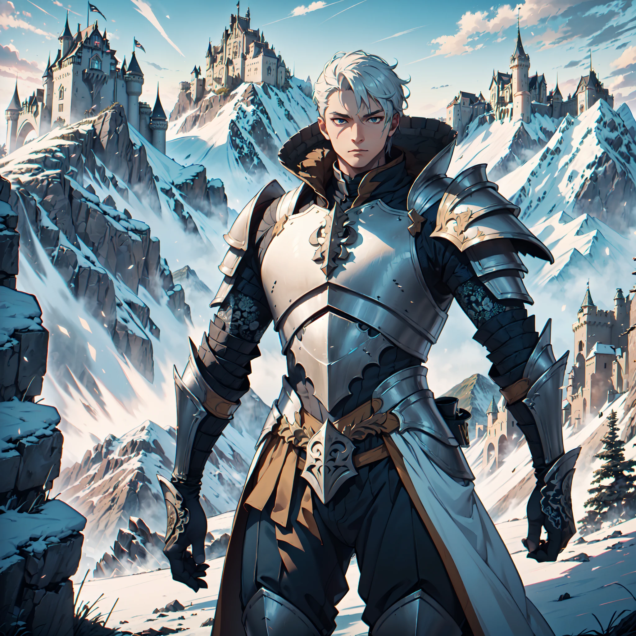 128K Resolution,
Ultra High Definition,
Best Quality,
Hyper Detailed,
Masterpiece,
Anime,
Body Shot,
1 Boy,
Handsome,
Hyper Detailed Short Hair,
(((Hyper Detailed Armor Plates))),
(((Hyper Detailed Undershirt))),
(((Hyper Detailed Baron Armor))),
(((Mountain Castle Background Scenery))),