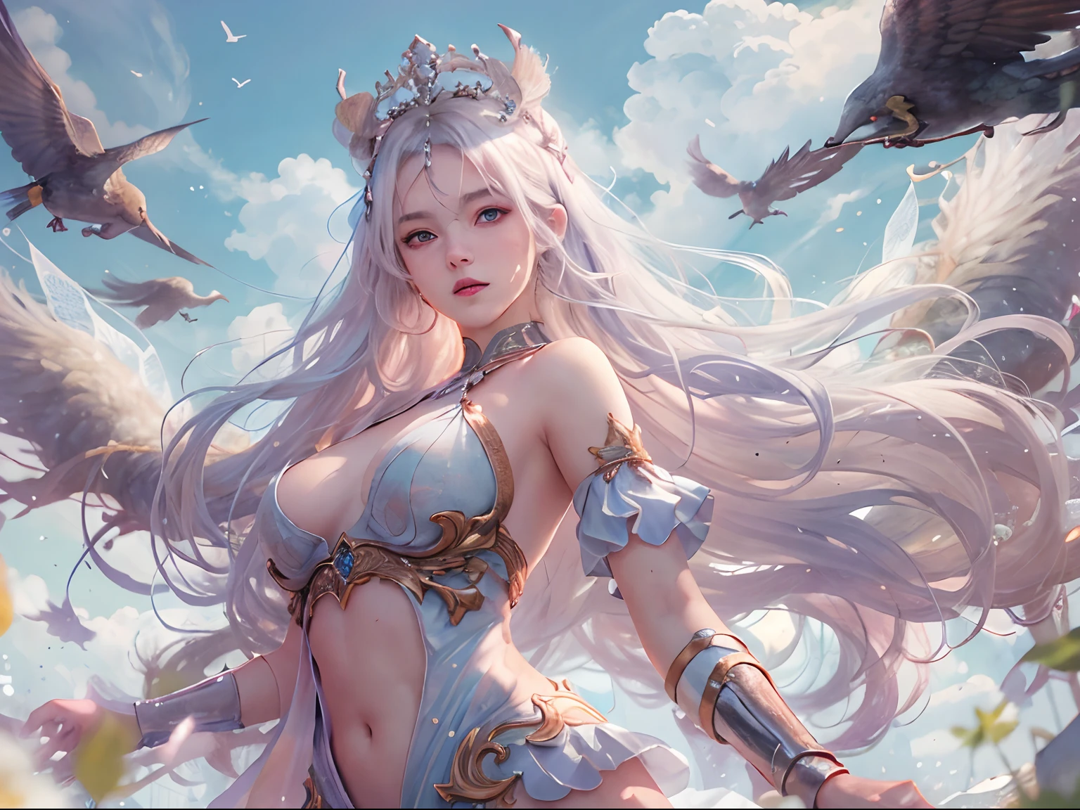 nsfw, 3girls, nude body, (masterpiece: 1.4), (8K, realistic, raw photo, best quality: 1.4), view from below, bottom_view, Valkyries, nipple areola shape clear, beautiful breasts, Scandinavian girls, beautiful cute face, (real face: 1.4), perfect pussy, beautiful hairstyle, realistic blue eyes, beautiful detail eyes, (real skin: 1.3), angry face, beautiful skin, attractive, ultra high resolution, ultra realistic, cinematic lighting, white colored hair, long hair with tiara, flying in the sky, battle pose
