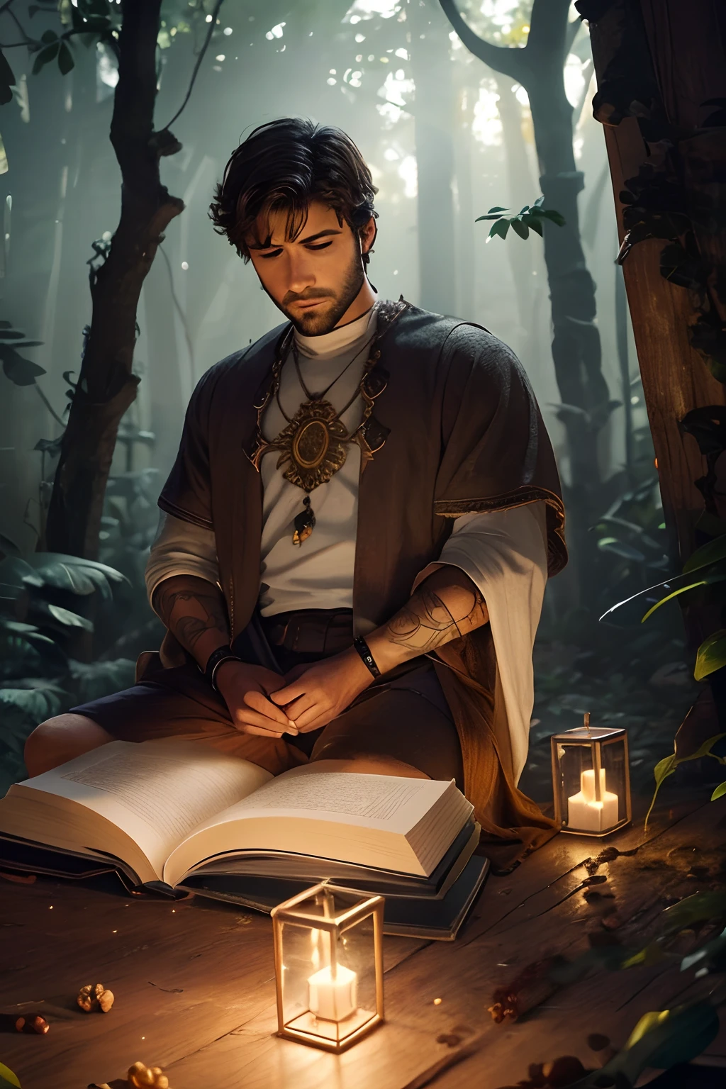 Young realistic messy short brown hair without tattoos, Translucent aura and lights around the head, barba pequena marrom esparsa, hands rested, pernas cobridas
