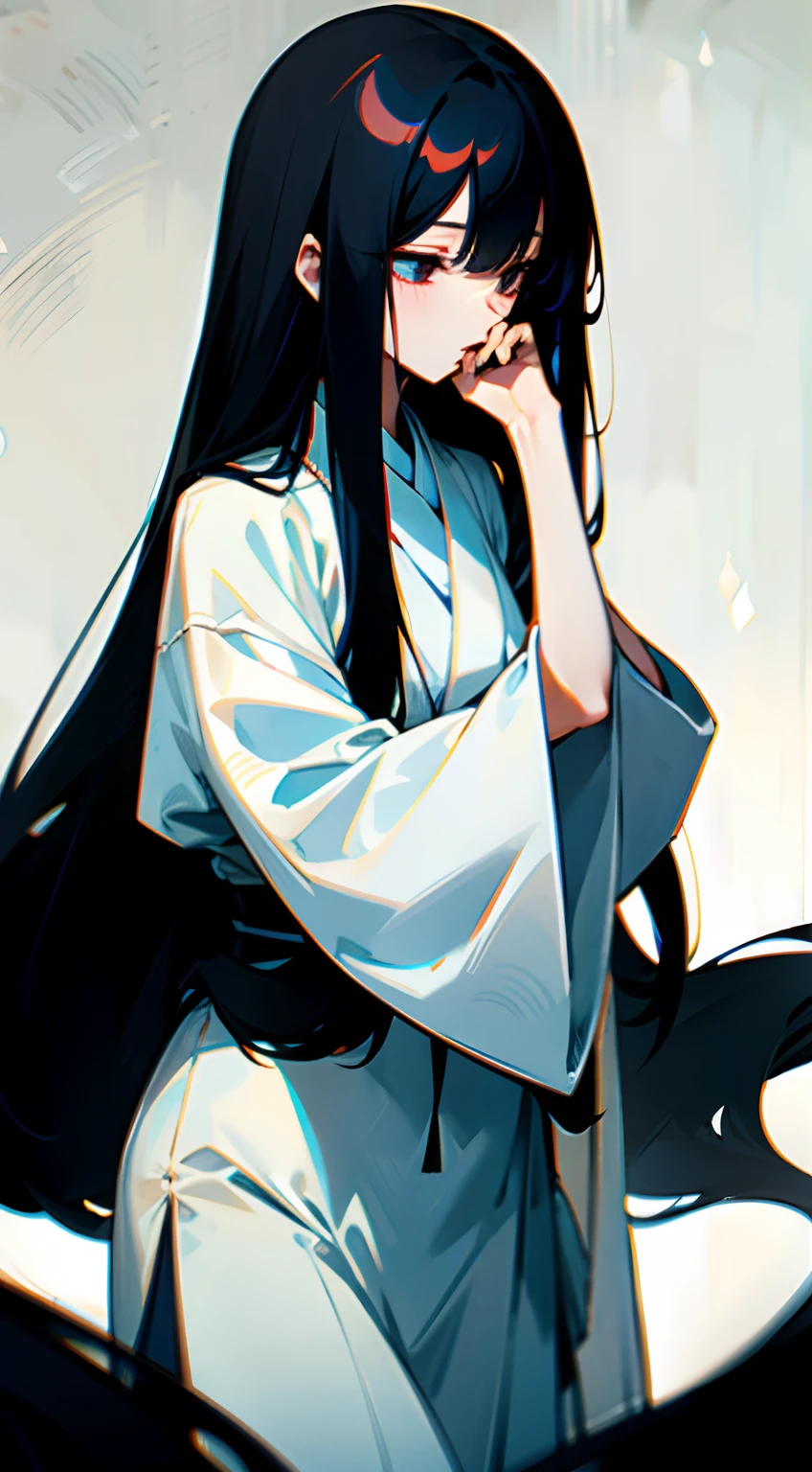 Sadako,White tunic,Long black hair,Long hair and waist,Hair faintly covers the face