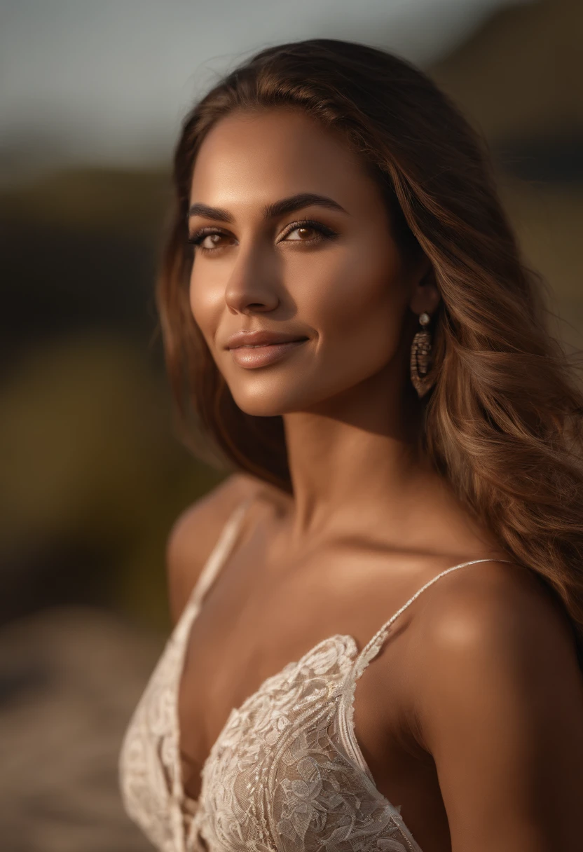 Nikon Z 85mm,((best quality)), ((masterpiece)), ((realistic)),far from the camera image, gorgeous native american woman, brunette, 25 year old, posing in a beach, wearing lingerie petite, smile with teeth showing, ((small breasts)), intricate details, highly detailed, sharp focus, professional, 4k, god rays, hand model, stunning brown eyes, petite, strong chin big ramus dnot defined jawline huge strong cheekbones highset cheekbones big eyes. great face projection highres, detailed facial features, high detail, sharp focus, smooth, extremely detailed, photo_\(ultra\), photorealistic, realistic, post-processing, max detail, roughness, real life, ultra realistic, photorealism, 8k uhd, best light for instagram, slavic face, long blon hair, beautiful hair, real face face