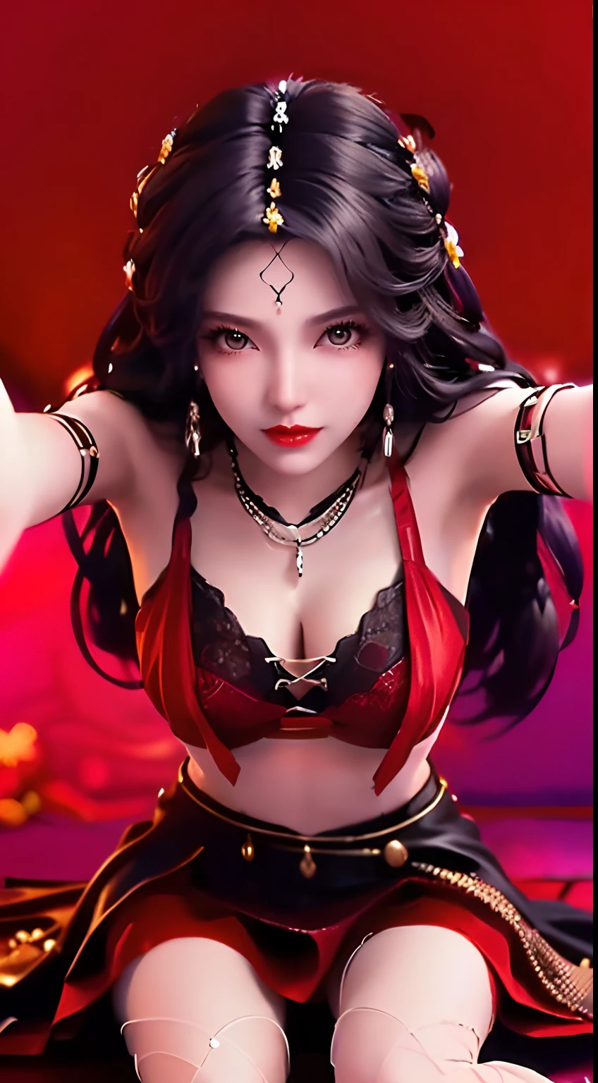 1 beautiful and sexy 20-year-old girl, adult, ((wearing a red push-up bra with black trim and low-cut chest:1.6)), dress with diamonds, ((long purple-black hair:1.6)) , bangs, elaborate jewelry made from gems and beautiful hair, ((wearing a black lace necklace:1.4))), noble style of an extremely beautiful girl, super cute small face, very pretty face, sparse eyebrows, flawless beautiful face, ((black eye pupils: 0.8)), ((very beautiful black eyes: 1.6)), beautiful makeup and detailed hairdo , eyelashes, wet eye makeup, high nose, earrings, red lips, ((closed mouth: 1.5 )) beautiful lips, slim hands, rosy face, clean face, flawless beautiful face, smooth white skin, (((Super big and round breasts:1.8))), (((large size breasts:1.5))), beautiful breasts, perfect body, (((sitting position, leaning back and arms behind: 1.5))), ((chest out: 1.5)), don't be shy, 8k photo, super high quality, surreal, pixelated super 10x, optical, bright studio, bright edges, two-tone lighting, (high detail skin:1.2), super 8k, soft light, high quality, volumetric lighting, optical, resolution high optical resolution, lighting, best photo, 4k, 8k quality, blur effect, smooth sharpness, 10 x pixels, ((flower red background:1.5)), aurora, lightning, supermap realistic graphics, most realistic graphics, alone, solo, Extremely sharp, surreal images, (((frontal portrait: 1.4)))."