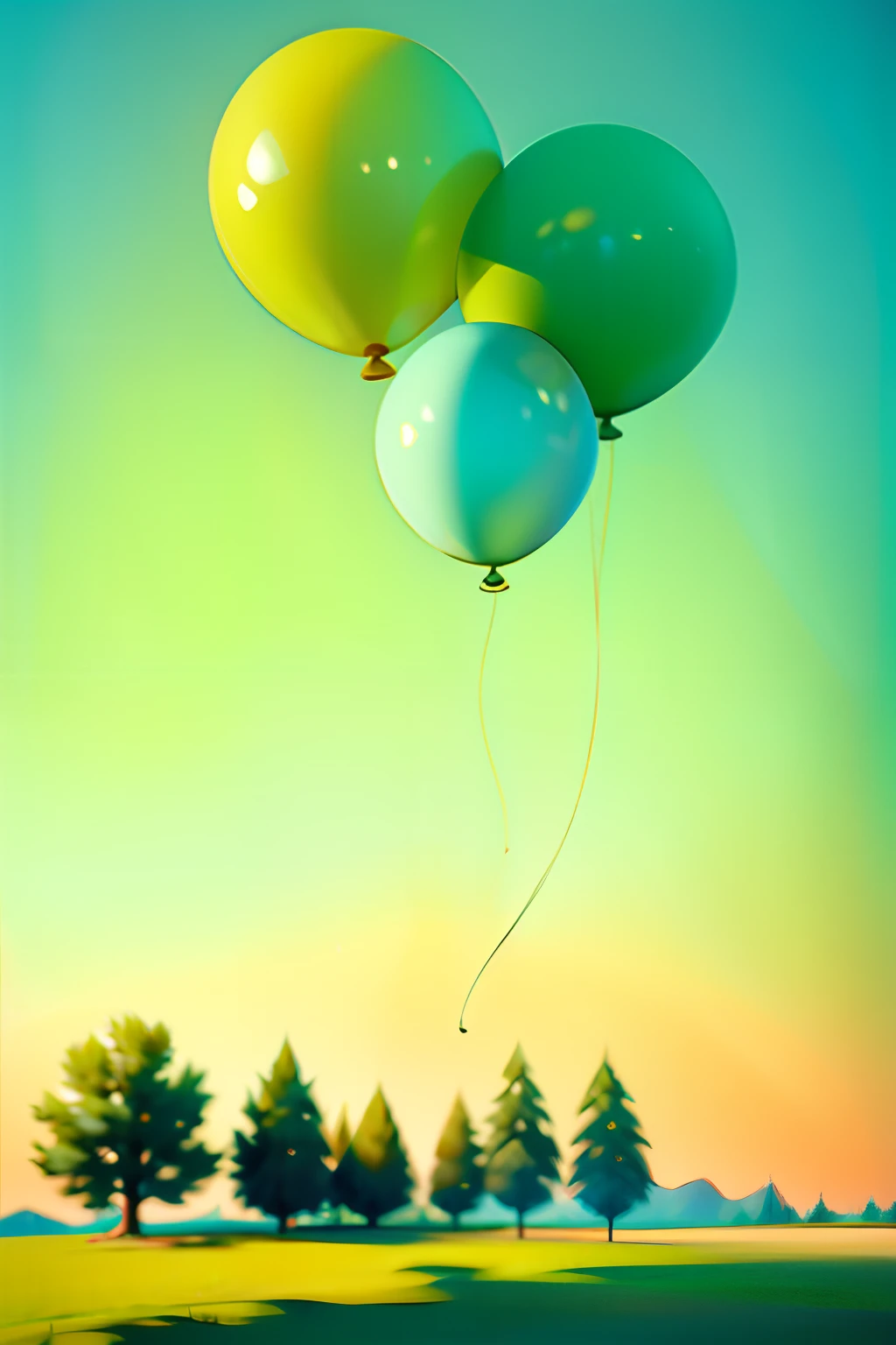 A painting of a summertime landscape, green trees, green grass, three multi-colored party balloons floating by, daytime light.
