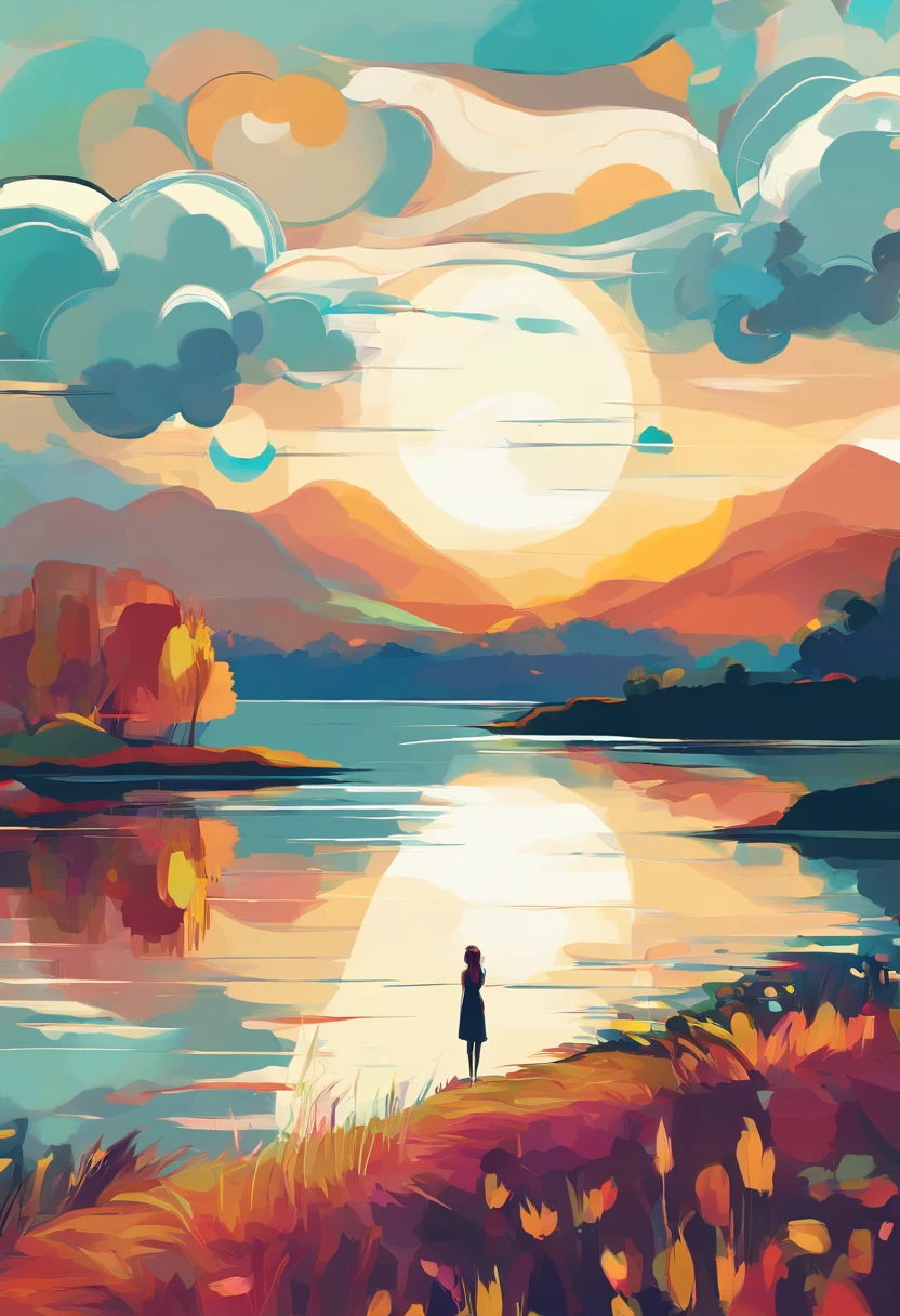 Generate an illustration of a contemplative landscape, calm and serene with mystic clouds and tranquil waters. 1 girl is sitting on a hill by a lake looking up in a sun covered sky in contemplative and philosothical, melancholic silent wonder.