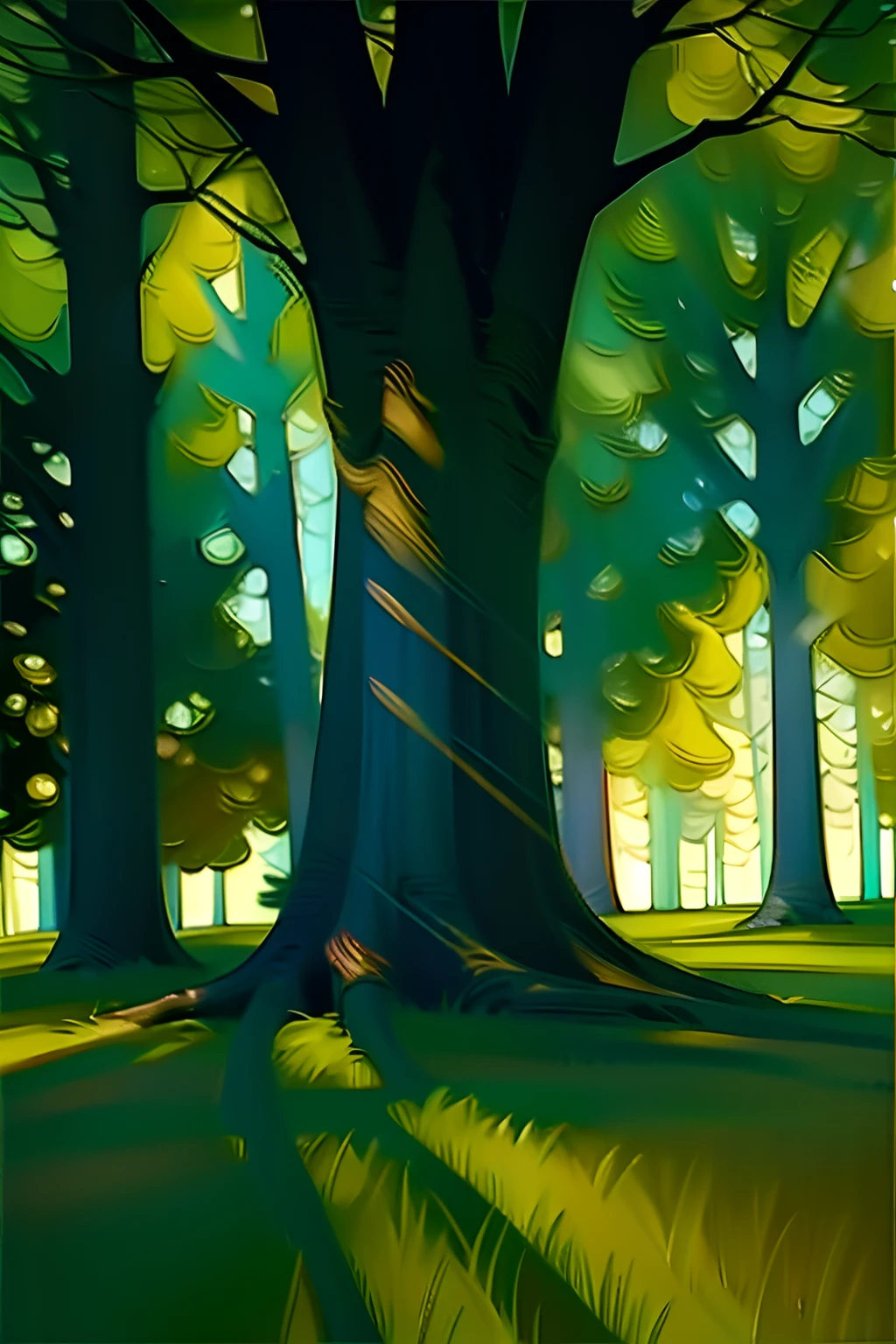 A painting of a summertime landscape, green trees, green grass, rays of light through tree branches, daytime light.