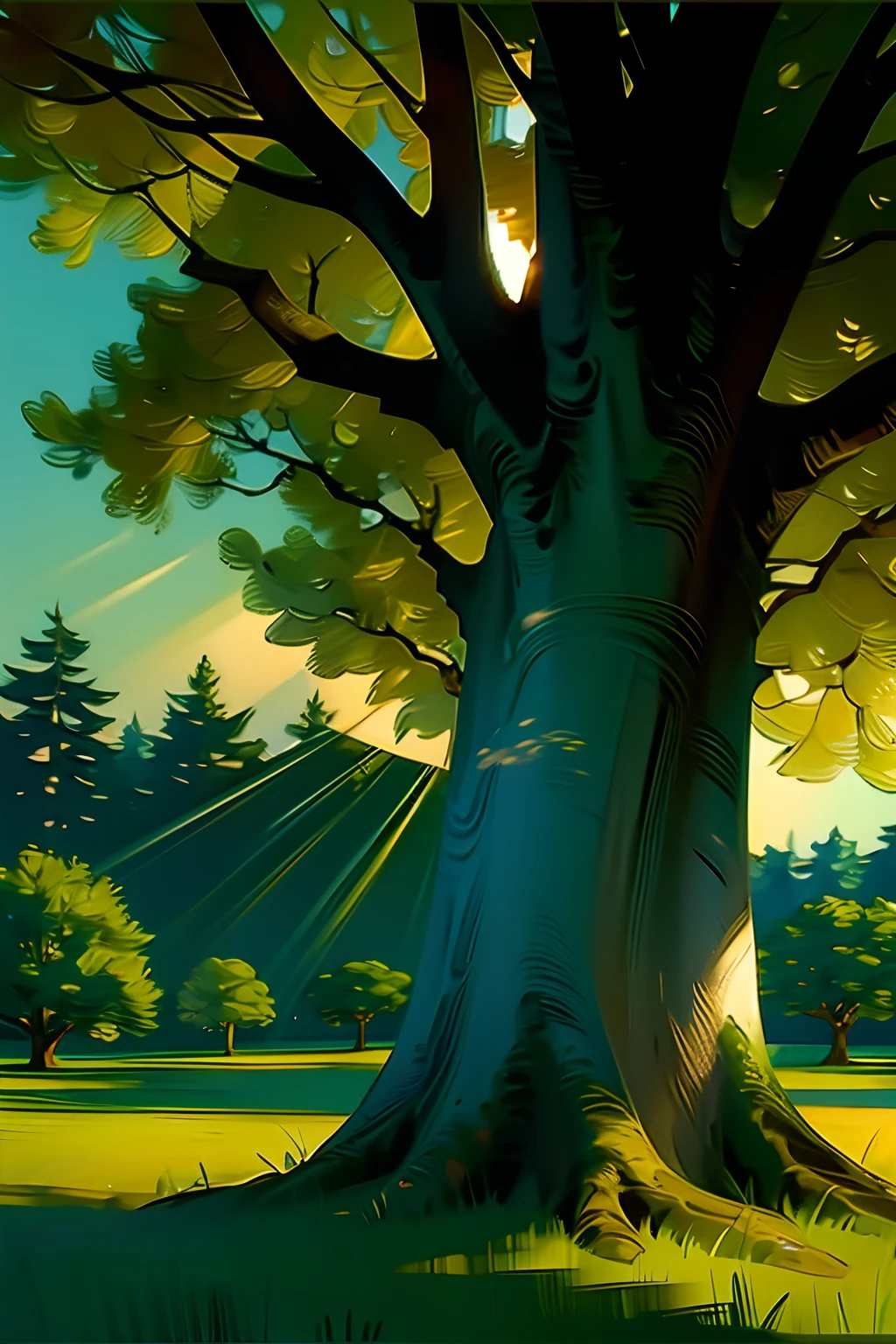 A painting of a summertime landscape, green trees, green grass, rays of light through tree branches, daytime light.