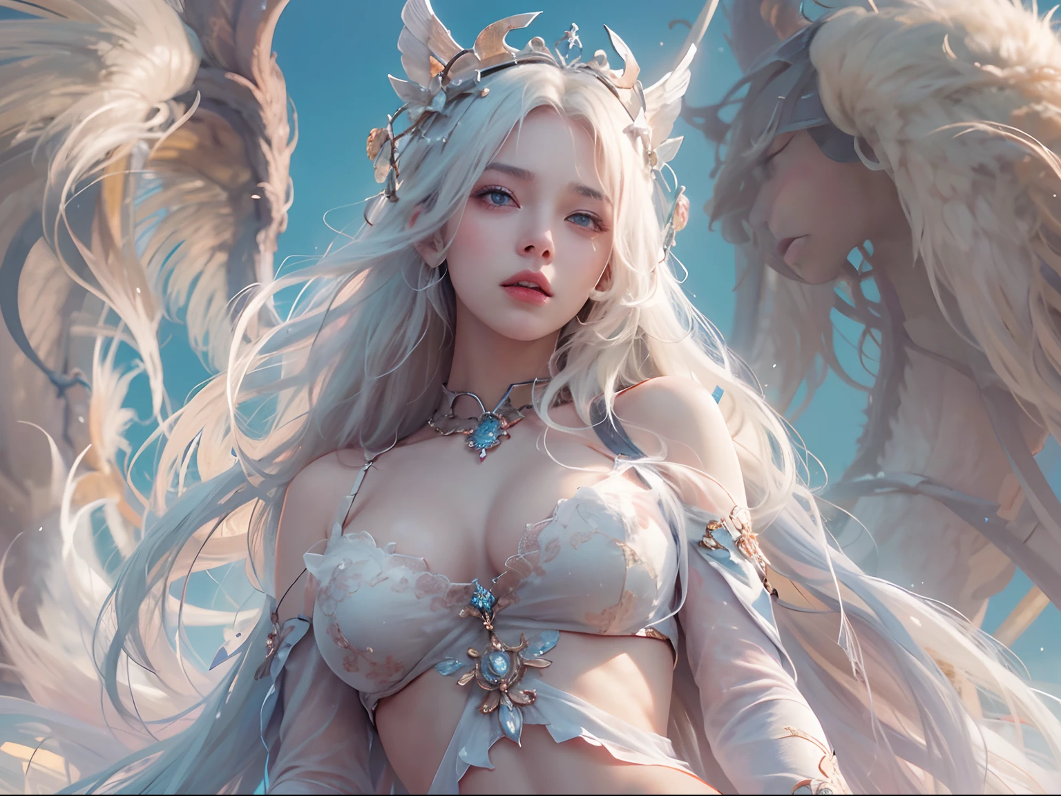nsfw, 3girls, nude body, (masterpiece: 1.4), (8K, realistic, raw photo, best quality: 1.4), view from below, bottom_view, Valkyries, nipple areola shape clear, beautiful breasts, Scandinavian girls, beautiful cute face, (real face: 1.4), perfect pussy, beautiful hairstyle, realistic blue eyes, beautiful detail eyes, (real skin: 1.3), angry face, beautiful skin, attractive, ultra high resolution, ultra realistic, cinematic lighting, white colored hair, long hair with tiara, flying in the sky, battle pose
