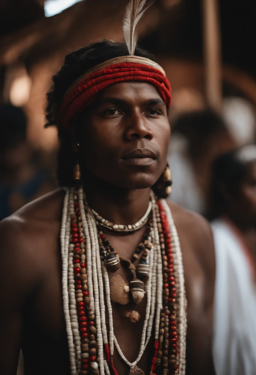 CABOCLO , mestizo black man, indio, adornos tipicos indigena,vestindo um ade de penas pretas,vermelhas e brancas. intrincado, entidade da umbanda, rosto pintadiovermelho, preto e branco e branco, olhar penetrante, cosmic god,