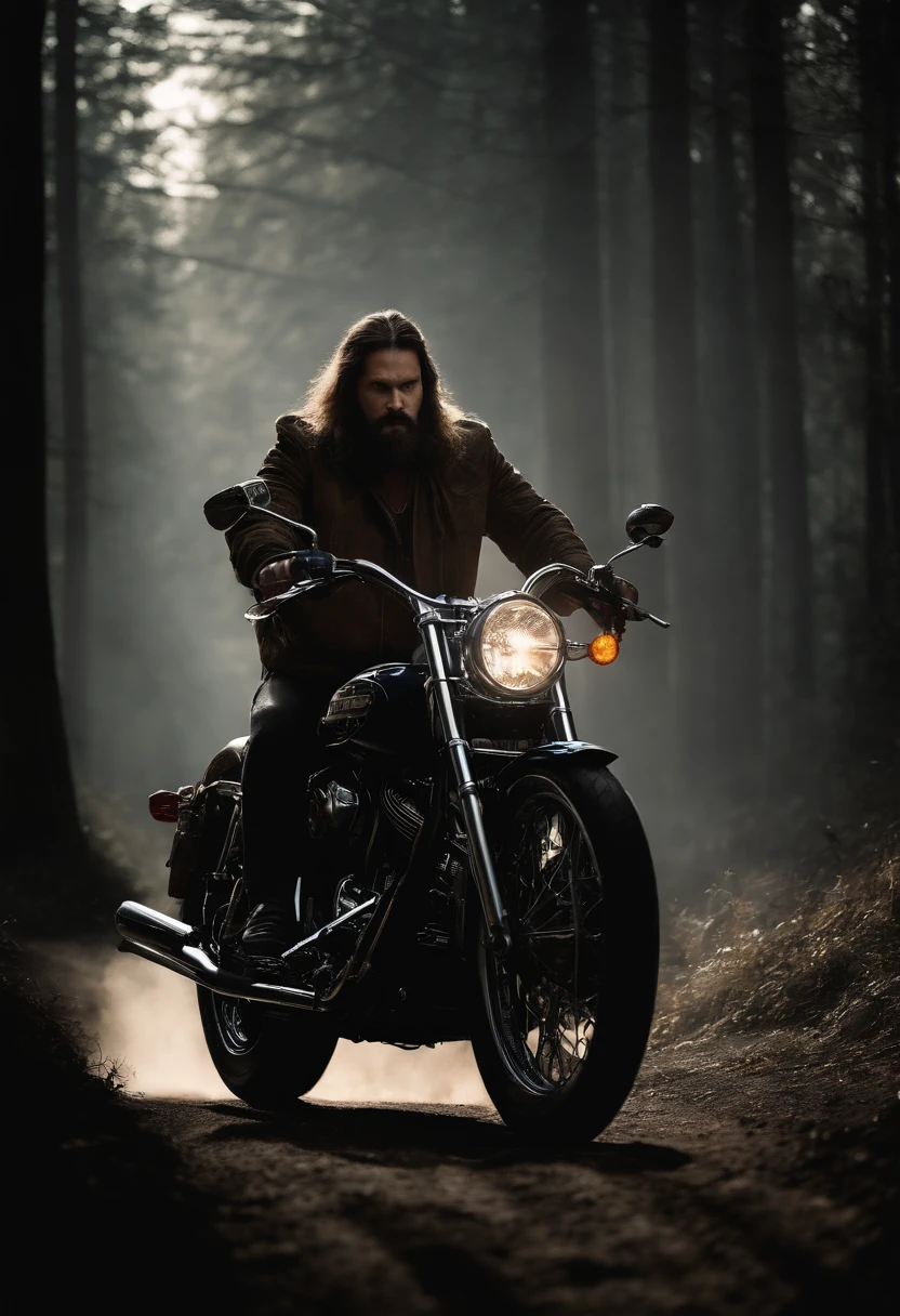 detailed comic book art style, vintage heavy man long hair and beard riding Harley Davidson motor, shiny leather cloth, Scarface, coming out from forest darkness, coming to us, fog, night dark forest road, no light, black, back light, scary spiral tree branches, scary mood, full moon in background, dark black and beige, long shot