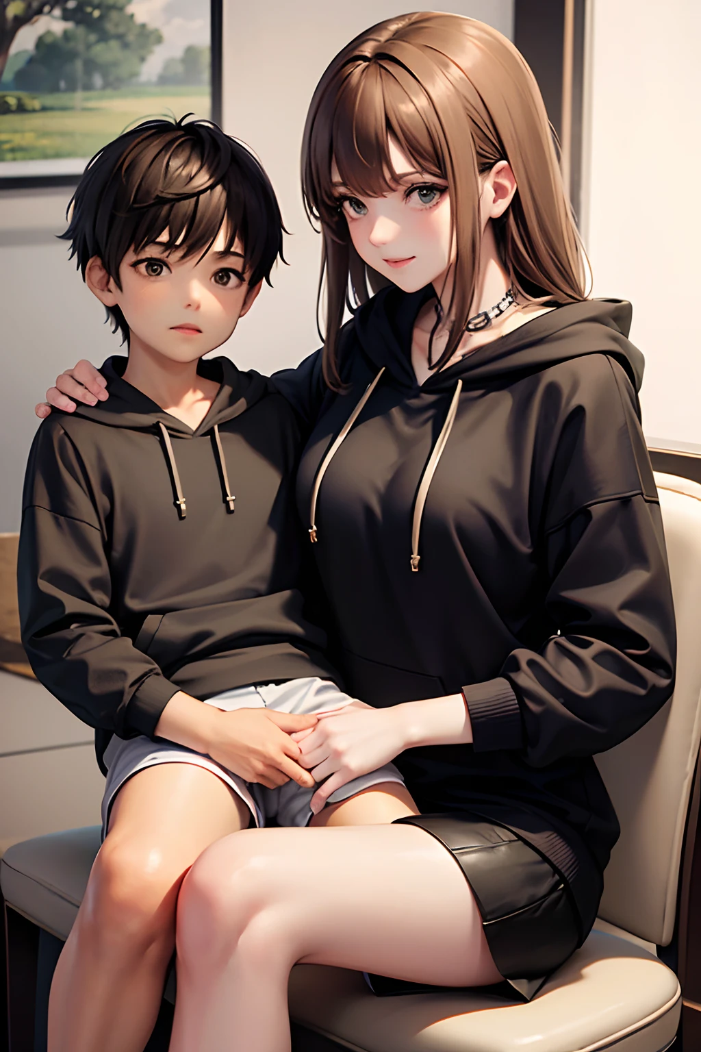mom dressed in a light brown skirt and a black hoodie. while her son sits on her lap, streets, sitting on lap, shorts