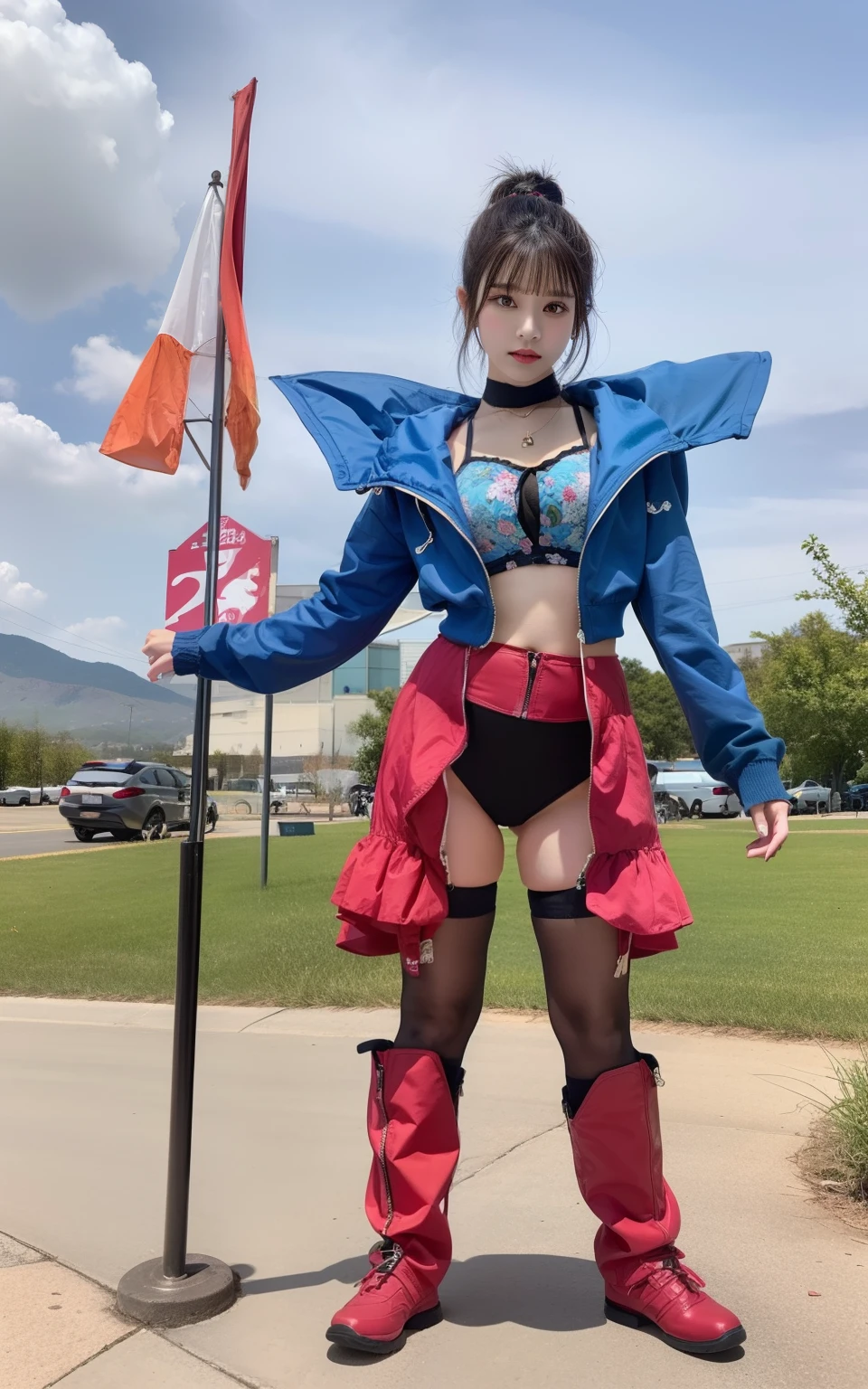Cute look、infp young woman、large full breasts、beautiful foot、Colorful hair、、Good Style、Tops、Leotard、Blue jacket