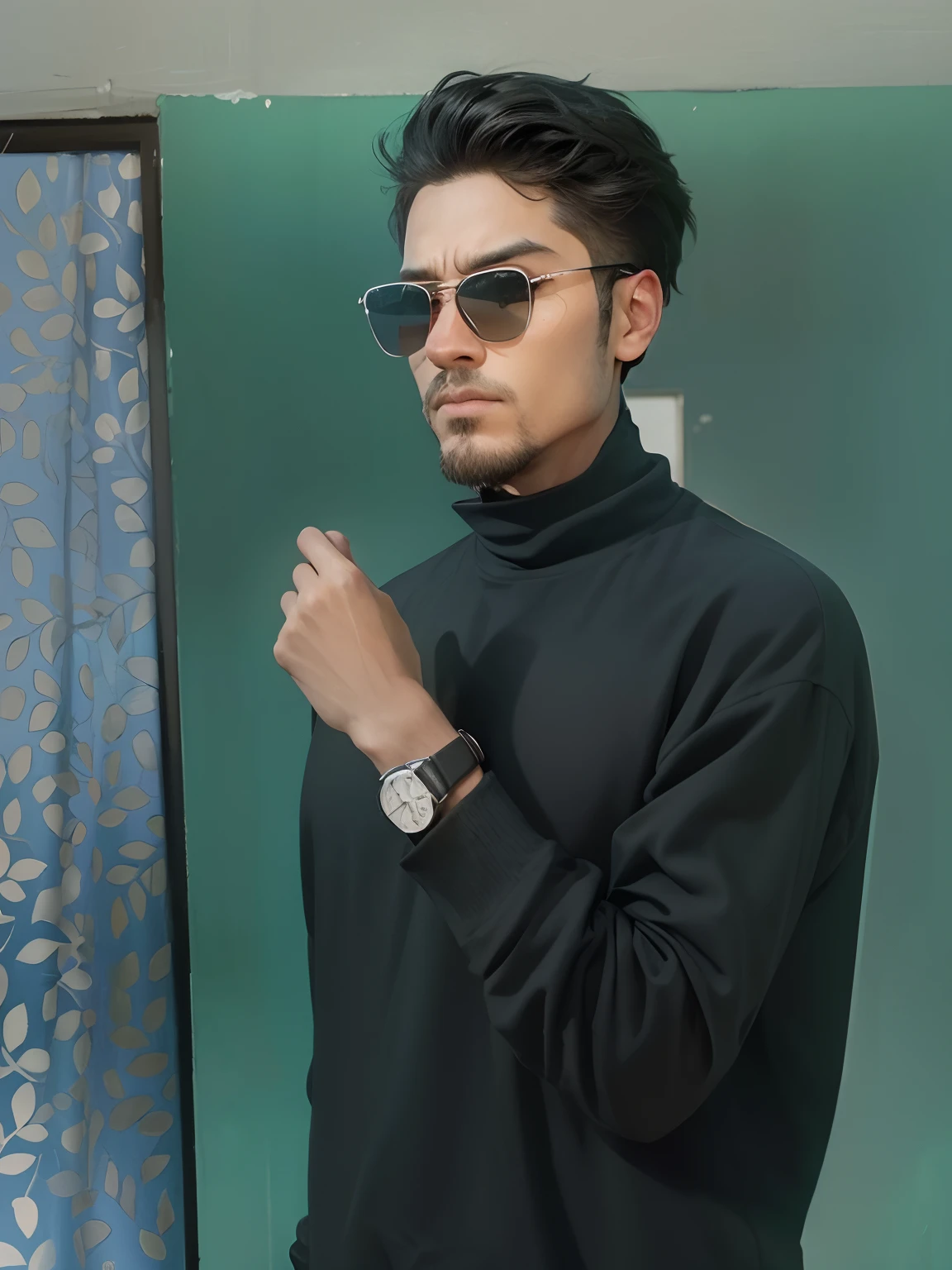 Ultra HD 4k picture and black full tshirt hirt lift hand wactch said looking and black googal realistic photo and attitude face background sunset look real