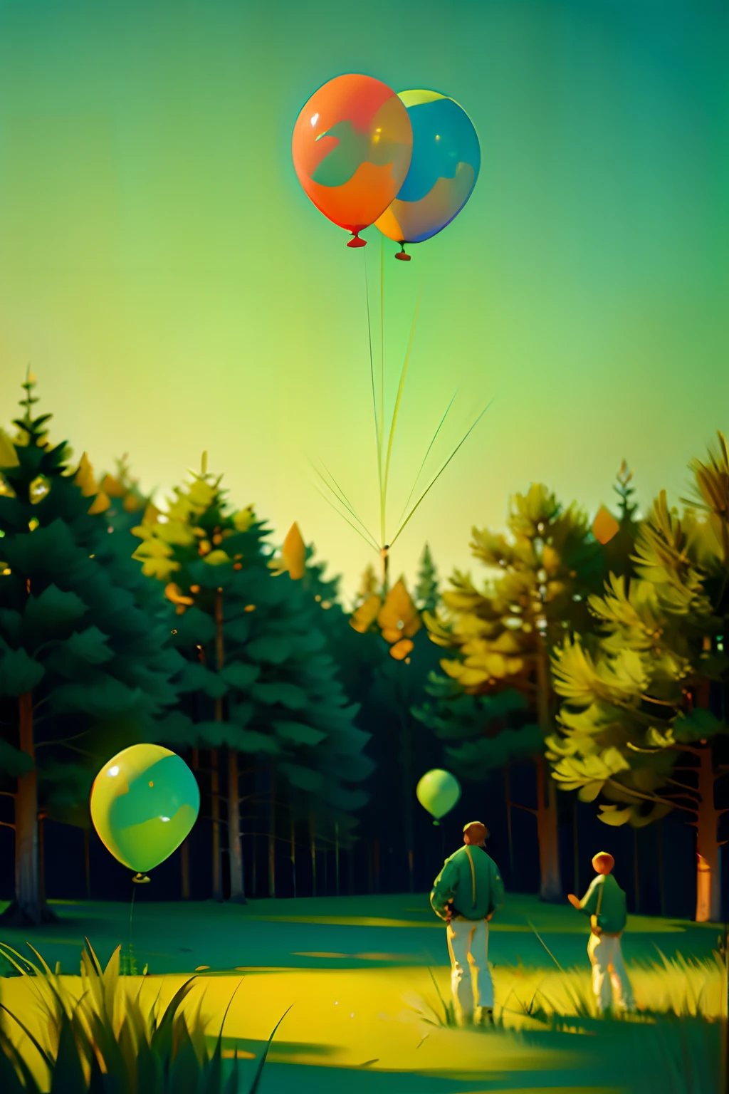 A painting of a summertime landscape, green trees, green grass, three multi-colored party balloons floating by, daytime light.