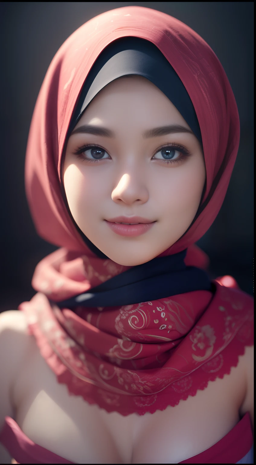 night scene, close up photo of a sexy naked malay girl with hijab, (ultra sharpen),perfect face, perfect nose, posing, look at a camera and smile, red pastel hijab, (blue eyes:0.8), cute young face, 18 yo, soft volumetric lights, (backlit:1.3), (cinematic:1.3), intricate details, (ArtStation:1.2)