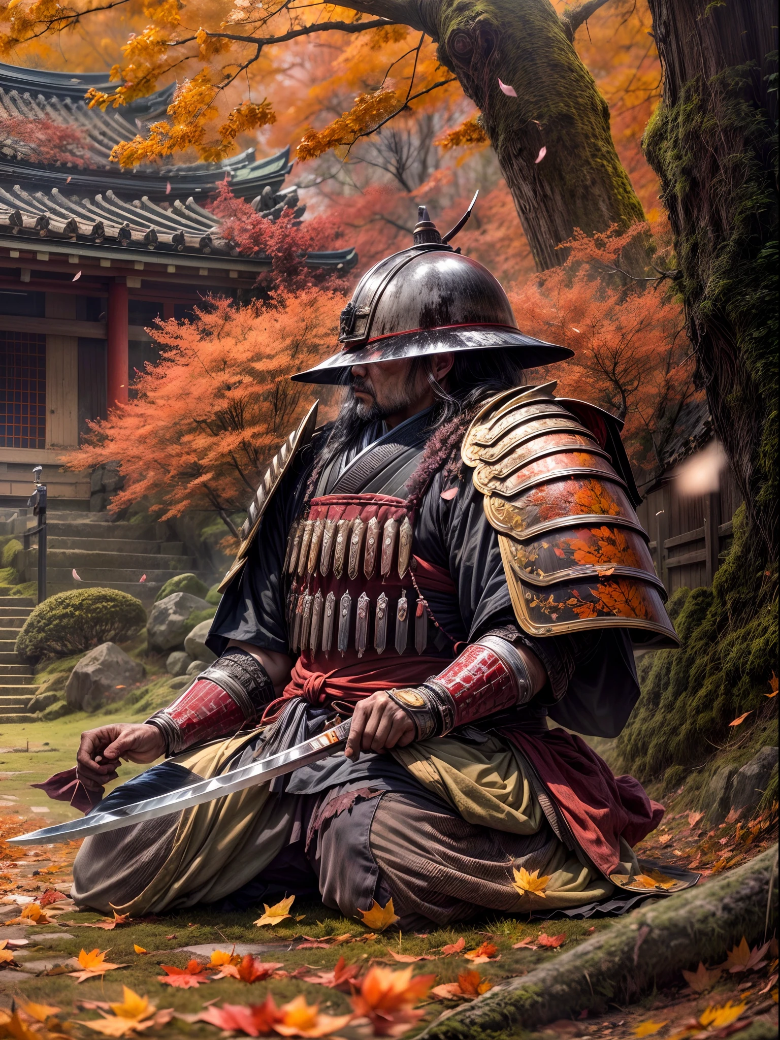 "(best quality,4k,8k,highres,masterpiece:1.2),ultra-detailed,realistic, HDR, autumn scene in Japan, flying autumn leaf, (broken, damaged, old) samurai armor, (kneeling, crouching) samurai, (falling, scattered) autumn leaves, (dirty, weathered) katana, (cracked, damaged) helmet, (vivid, vibrant) colors, (soft, warm) color palette, (natural, warm) lighting, (serene, peaceful) atmosphere, traditional Japanese landscape, (tranquil, quiet) ambiance, (rustling, gentle) breeze, hidden face, (mysterious, secretive) samurai, (forgotten, abandoned) battlefield, (tranquil, calm) energy, (nostalgic, wistful) scenery, (captivating, mesmerizing) autumn colors, (calm, serene) demeanor, (decayed, worn-out) surroundings, (lost, forgotten) battleground, fallen cherry blossom petals, delicate brushstrokes, essence of Japanese culture"